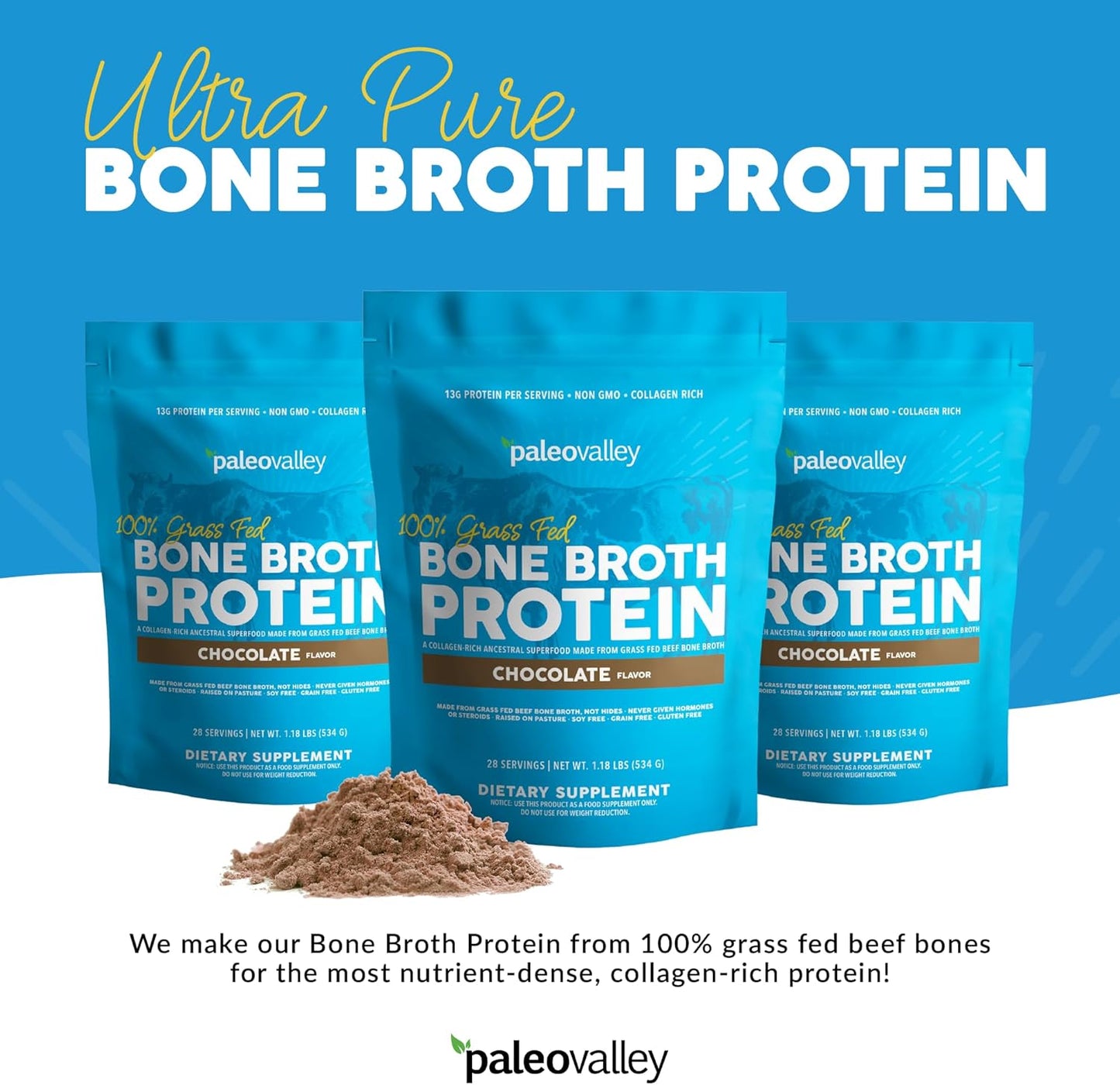 Paleovalley 100% Grass Fed Bone Broth Protein Powder - Chocolate - Rich in Collagen for Hair, Skin, Gut Health, Bone and Joint Support - 28 Servings