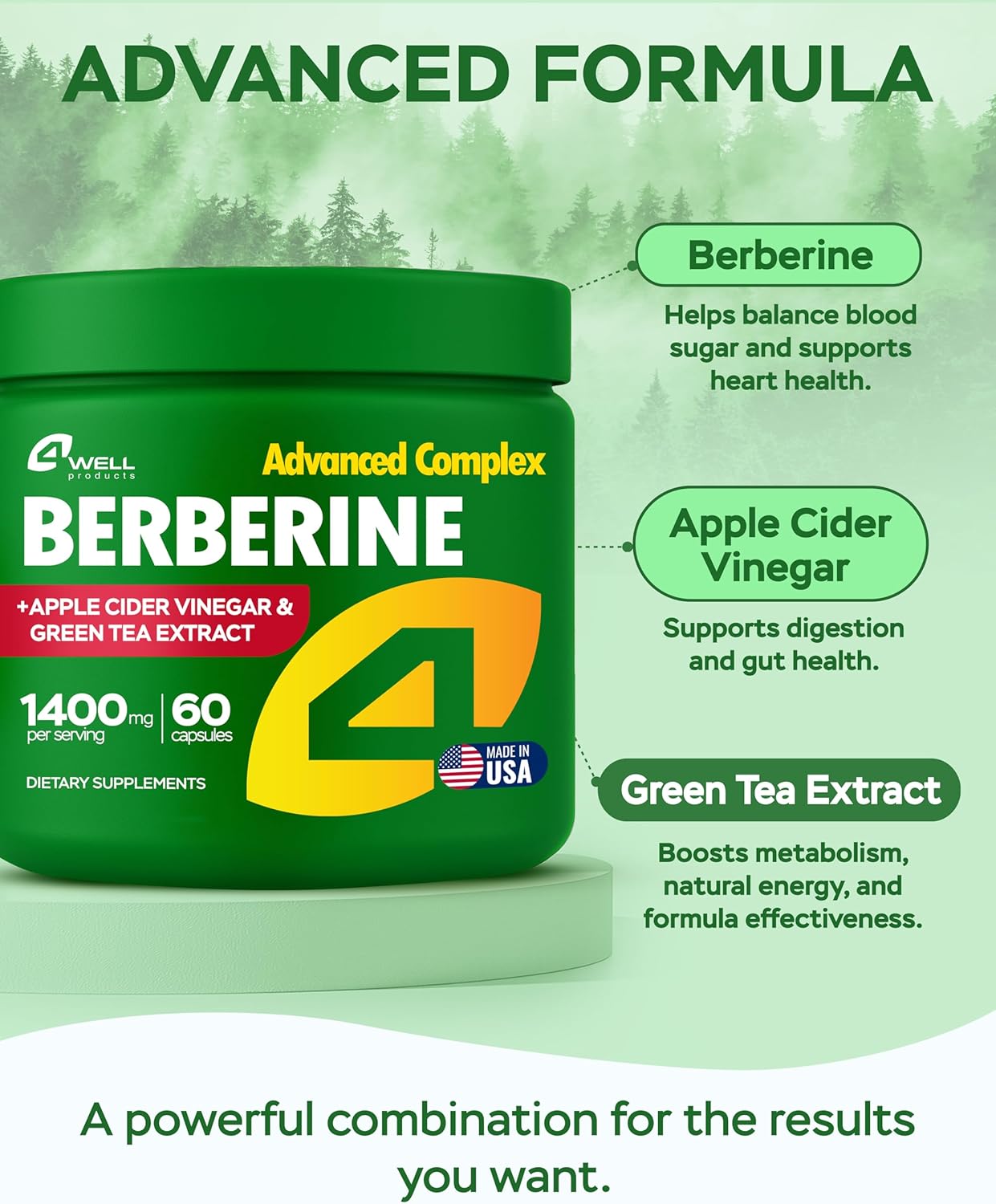 Berberine HCL Supplement - Triple Strength GLP-1 Activator with Apple Cider Vinegar & Green Tea Extract - Body Composition Support, Digestive Health, Support Heart Health, Immune System (60 Capsules)