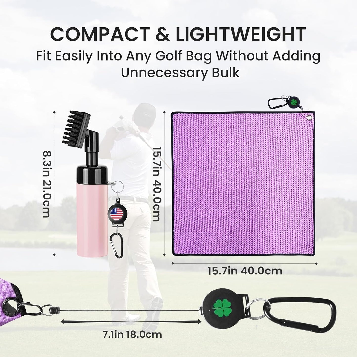 Golf Club Clean Brush Towel Value Set with Strong Magnetic Retractable Carabiner, Squeeze Water Bottle Microfiber Absorbent Towel for Golf Bags Accessory Iron Care Men Women