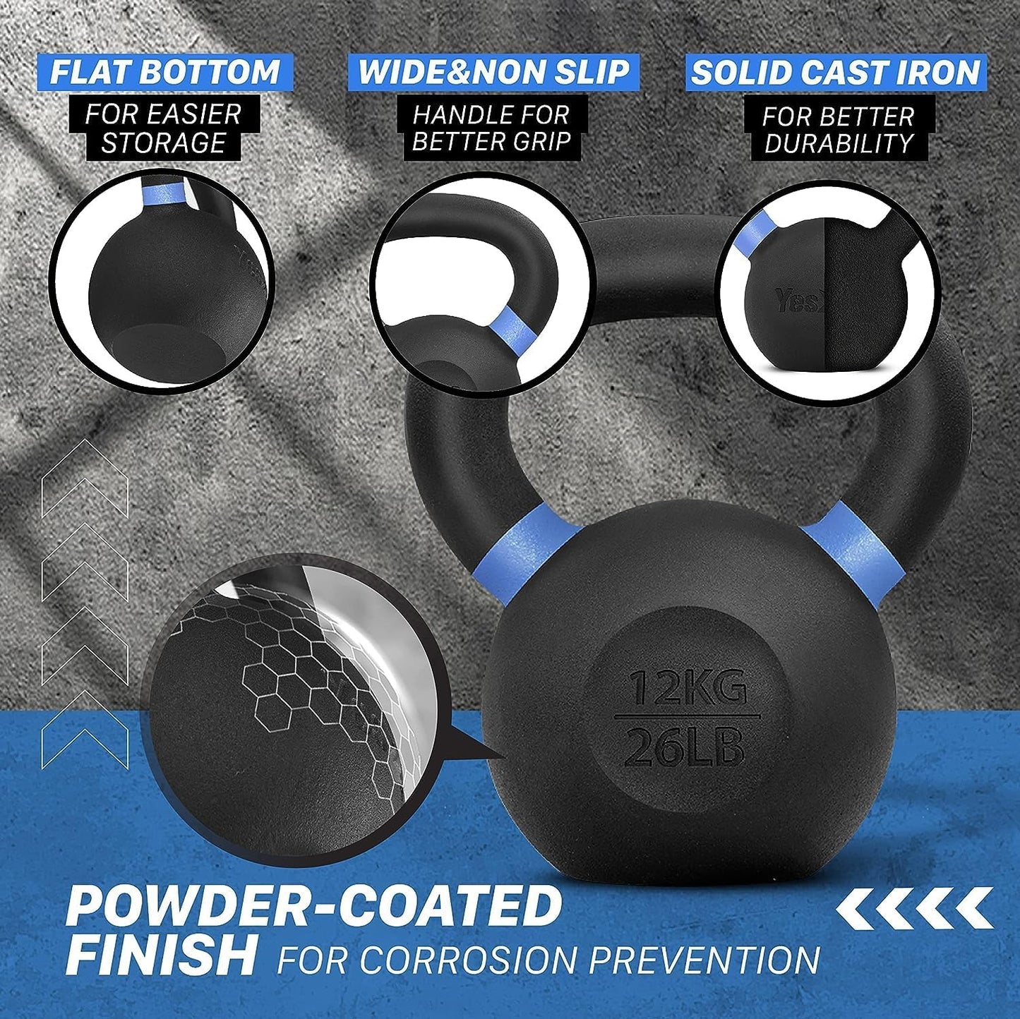 Yes4All Powder Coated Cast Iron Kettlebell Strength Training Kettlebells Weight Set for Full Body Workout, Home Gym