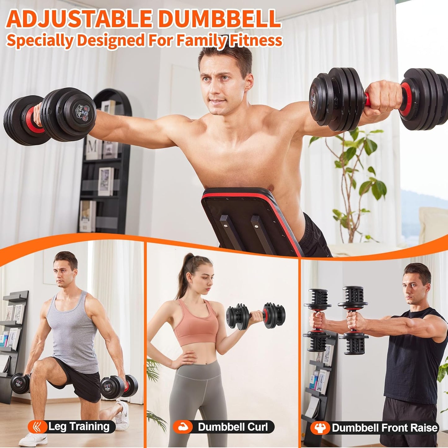 Adjustable Dumbbell Set 25/55/90LBS,10 in 1 Free Weights Dumbbell with Anti-Slip Texture Handle,1 Sec Speed Adjustment Men/Women Gym and Home Strength Training Equipment.