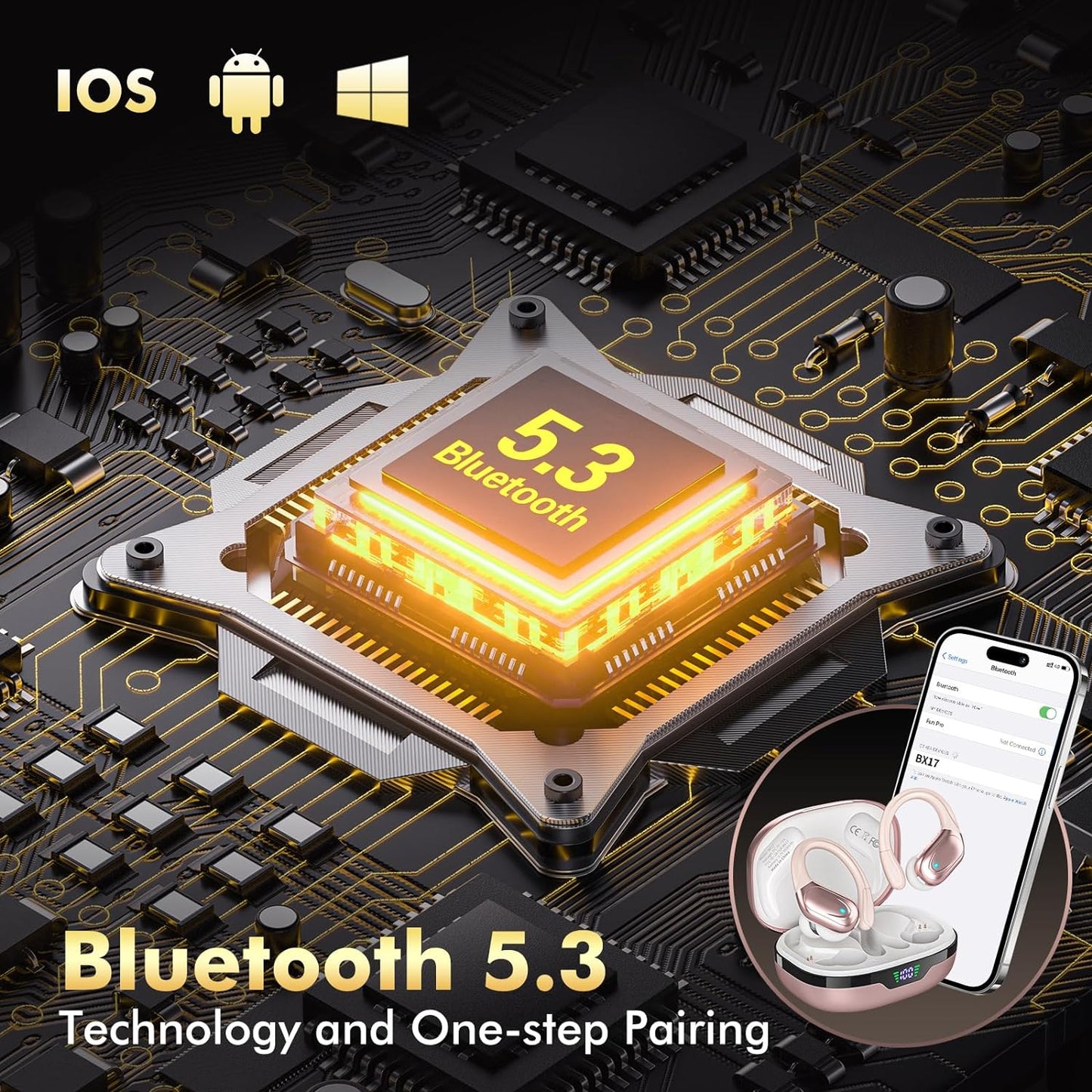 Wireless Earbuds, Sports Bluetooth Headphones, 80Hrs Playtime Ear Buds with LED Power Display, Noise Canceling Headset, IPX7 Waterproof Earphones for Workout/Running (Rose Gold)