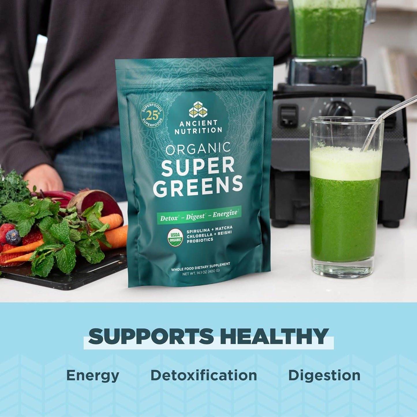 Ancient Nutrition Super Greens Powder, Organic Superfood Powder with Probiotics Made with Spirulina, Chlorella, Matcha, and Digestive Enzymes, 50 Servings, 14.1 oz