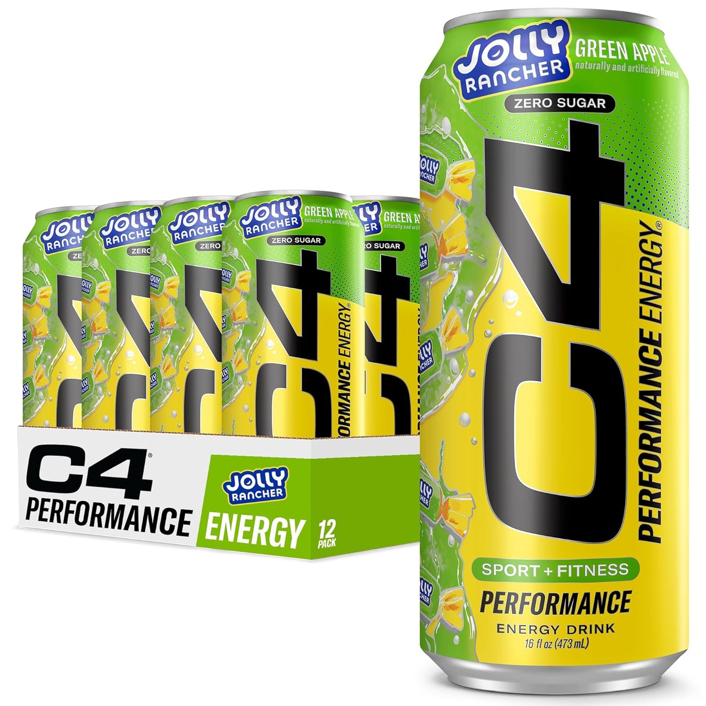 Cellucor C4 Performance Energy Drink | JOLLY RANCHER Green Apple | Zero Sugar Carbonated Preworkout Energy | 200mg Caffeine with Beta Alanine | 16 Fl Oz (12 Pack)