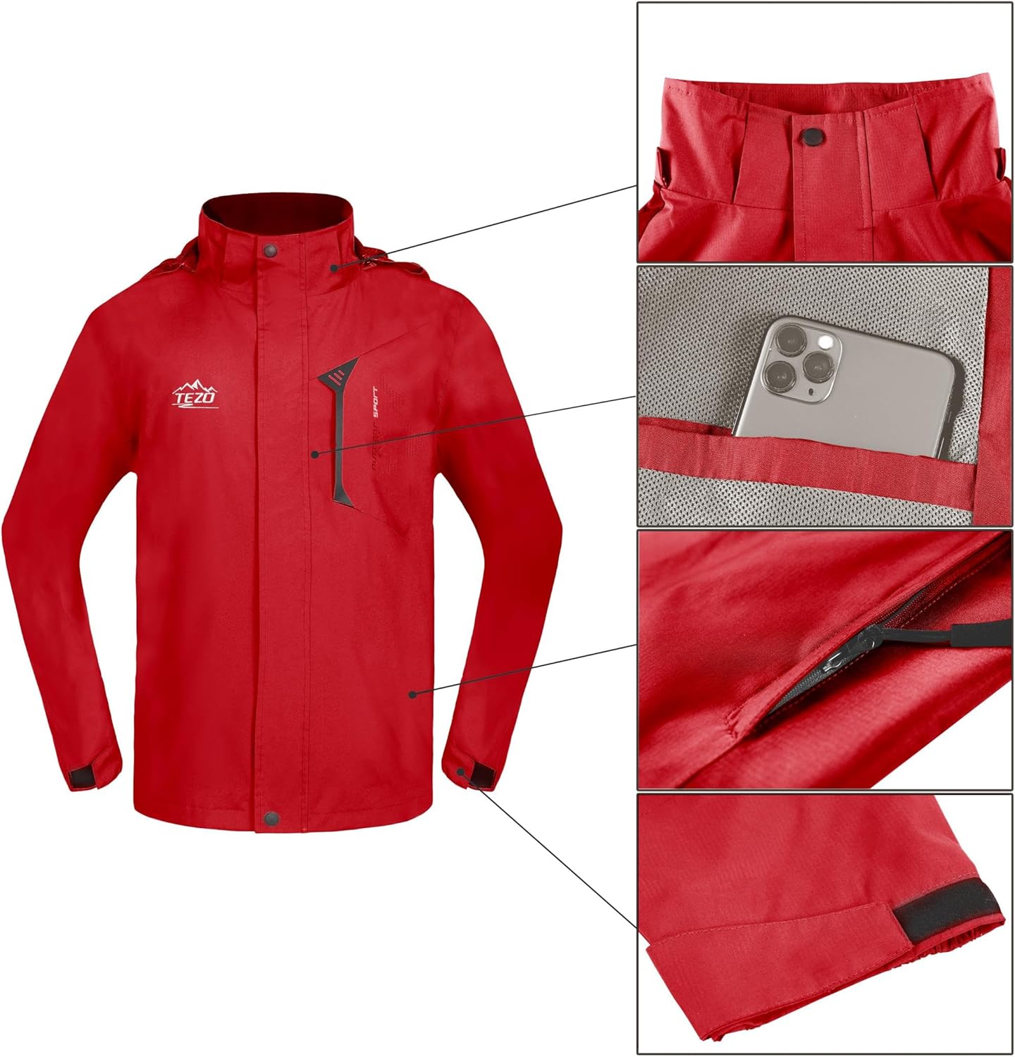 TEZO Mens Rain Jacket Waterproof with Hooded Hiking Coat Lightweight Windbreaker