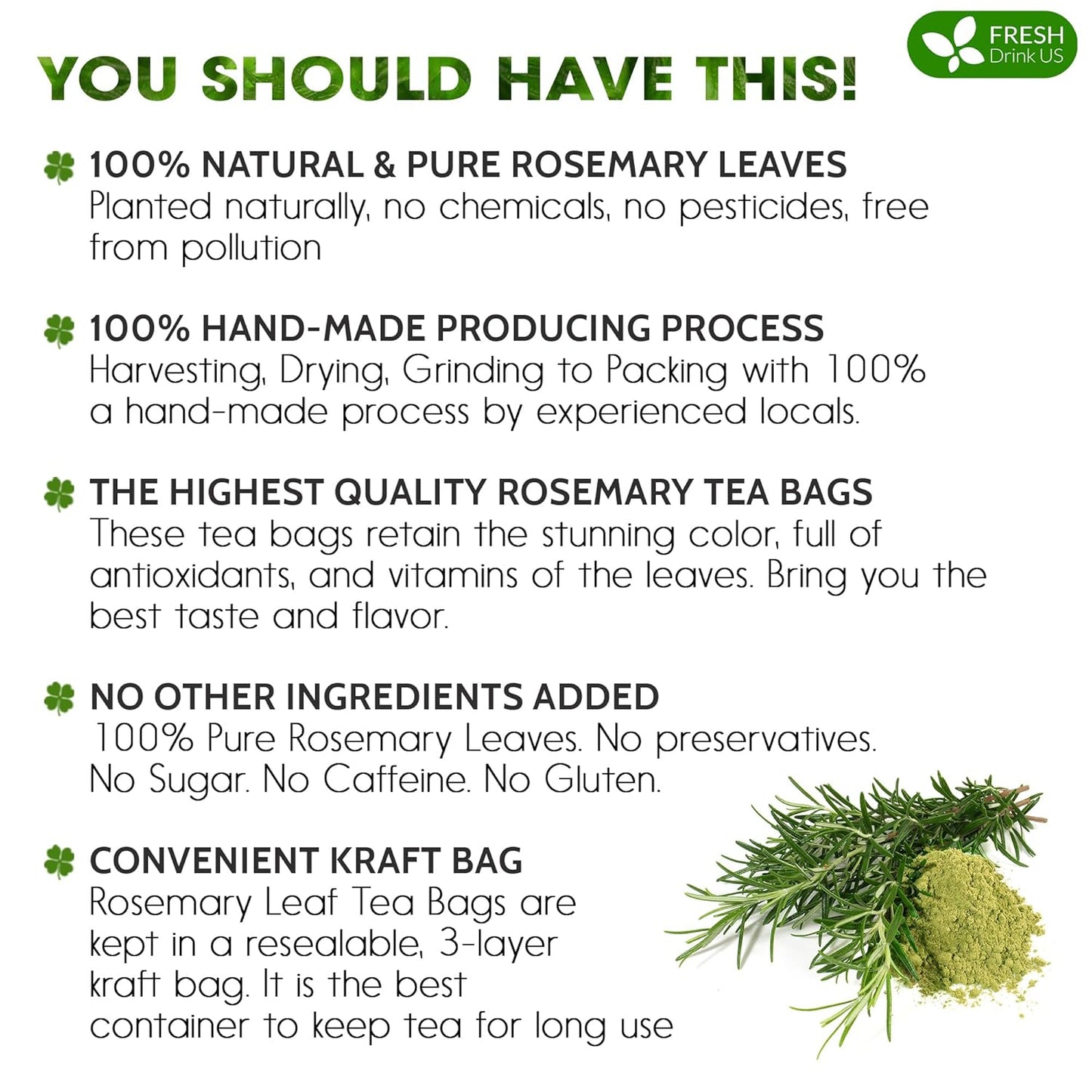 FreshDrinkUS Premium Rosemary Leaf Tea Bags - 75 Count, 100% Natural Dried Leaves, Pure Herbal Tea, No Additives, No Caffeine, No Gluten, Vegan