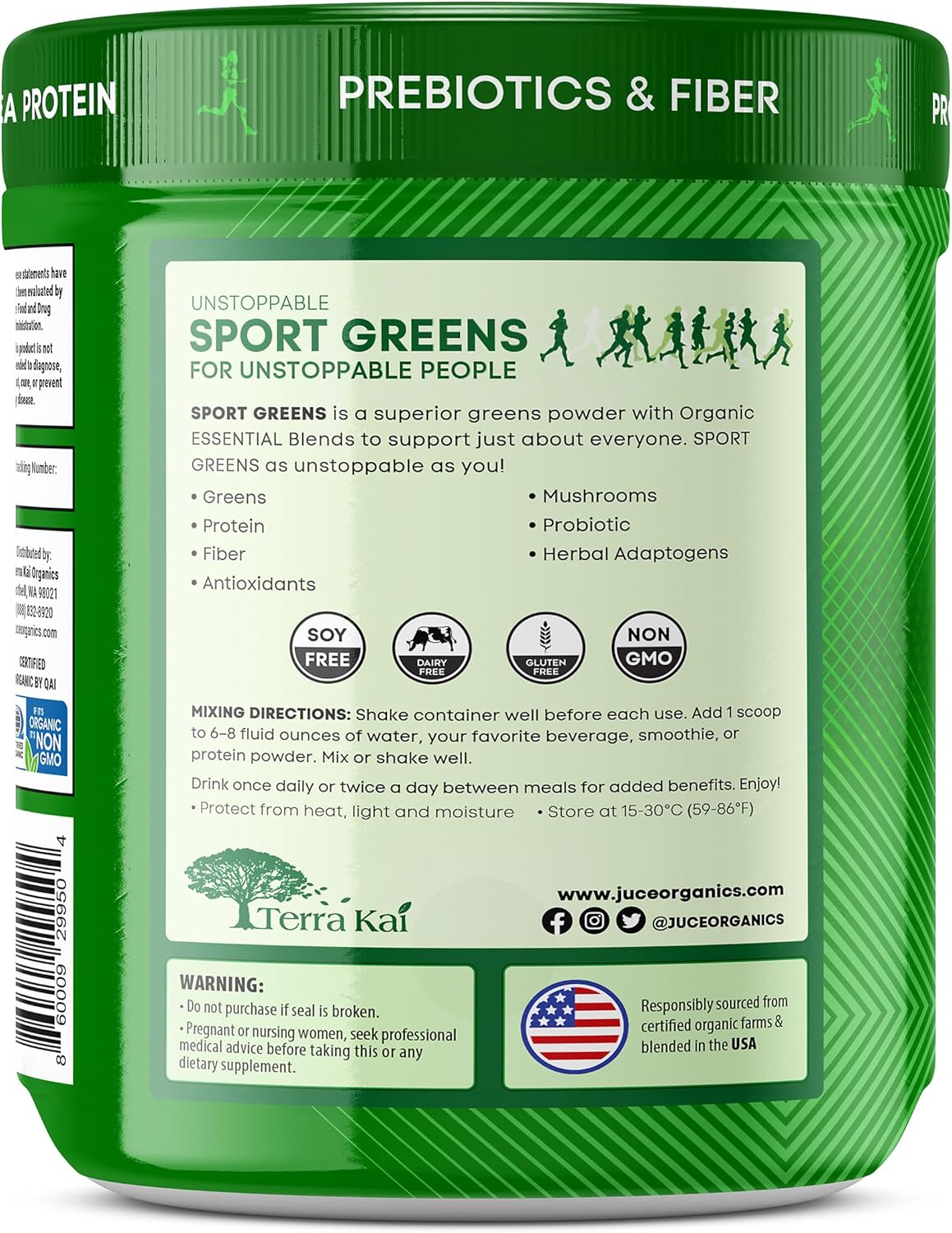 Juce SG7 Sport Greens Powder Supplement | Organic Plant Based Protein | Green Juice Powder | Probiotics | Mushrooms | Mixed Berry Flavor | 30 Servings | By Terra Kai Organics