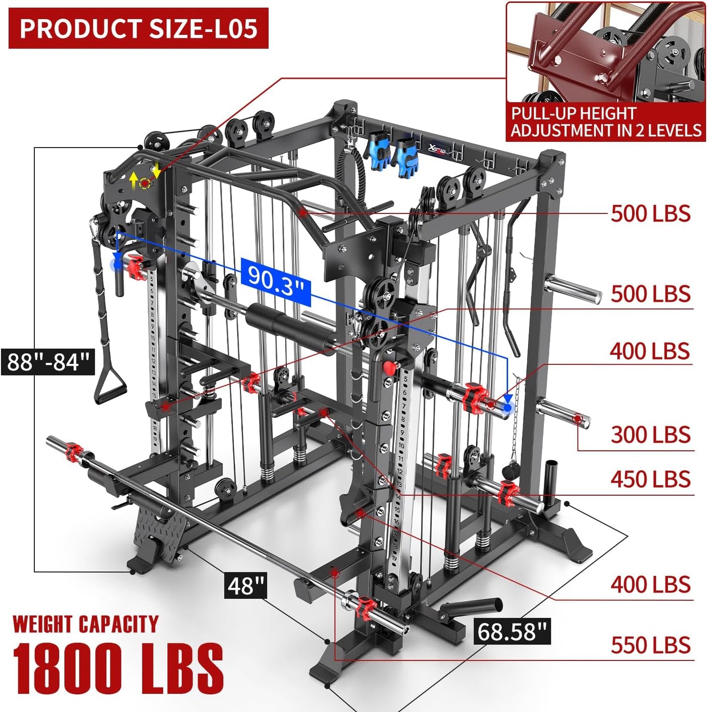 Smith Machine Power Rack Multifunctional Power Cage Deep Squat Rack Cable Crossover System Selectable More Training Attachment for Garage & Home Gym