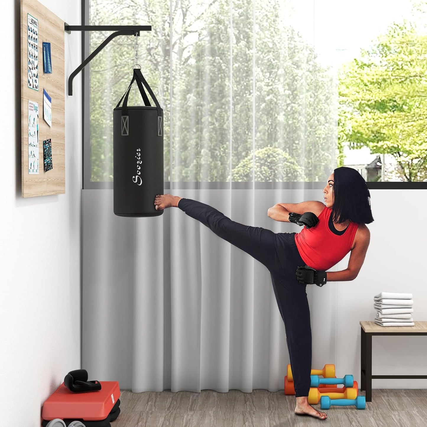 Soozier Unfilled Punching Bag for Adults, Heavy Bag Wall Mount Set with Bracket, Boxing Gloves, Hand Wraps and 360° Swivel Hook for Muay Thai and MMA Training