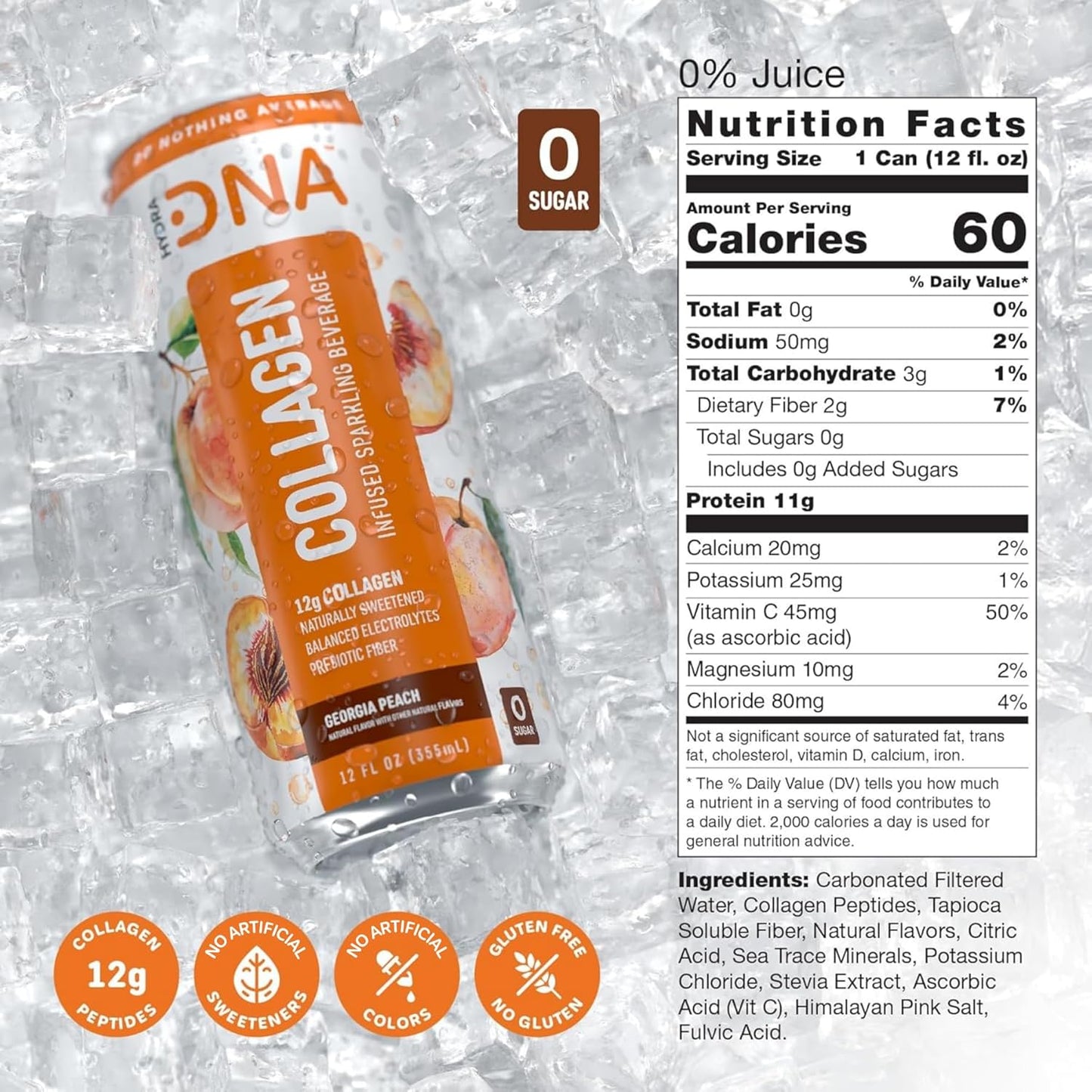 HYDRADNA- Sparkling Liquid Collagen Protein Water Drink Balanced Nutrients for Wellness - Sugar-Free - Keto-Friendly - No Gluten (12 Pack) Georgia Peach