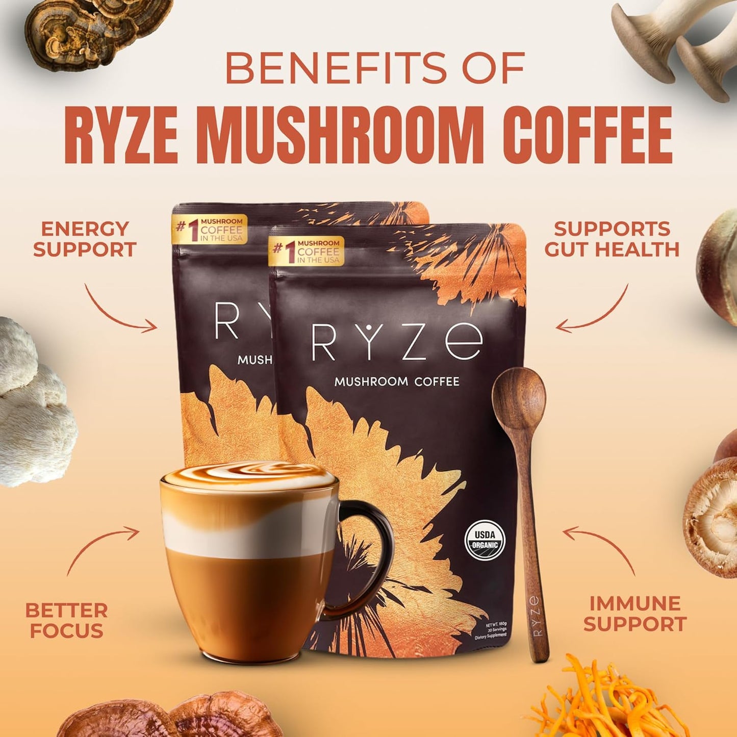 RYZE SUPERFOODS Mushroom Coffee Starter Kit, USDA Organic Instant Coffee with 6 Adaptogenic Mushrooms and MCT Oil for Better Energy, Focus, Digestion, Immunity with Lions Mane & Turkey Tail 60 serving