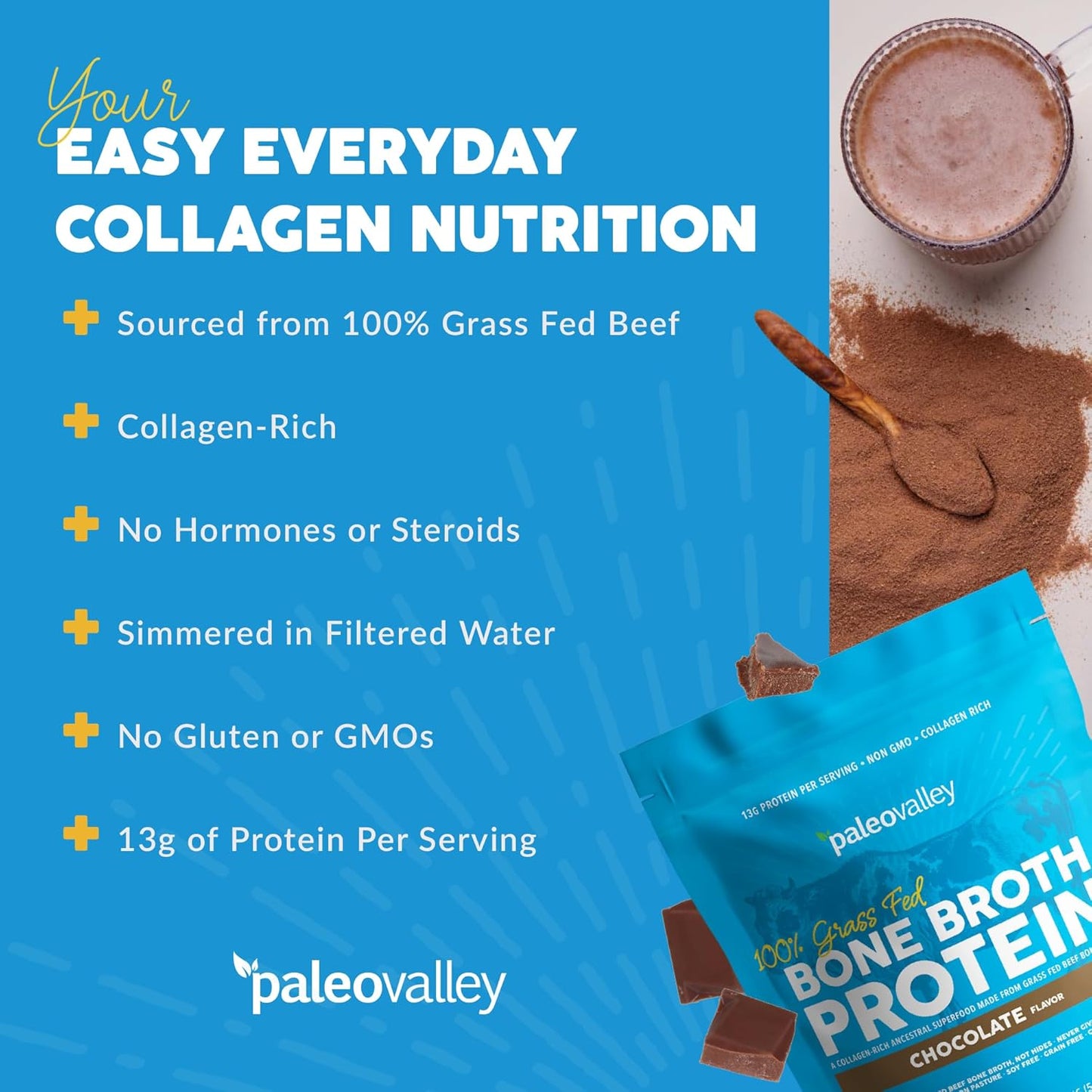 Paleovalley 100% Grass Fed Bone Broth Protein Powder - Chocolate - Rich in Collagen for Hair, Skin, Gut Health, Bone and Joint Support - 28 Servings