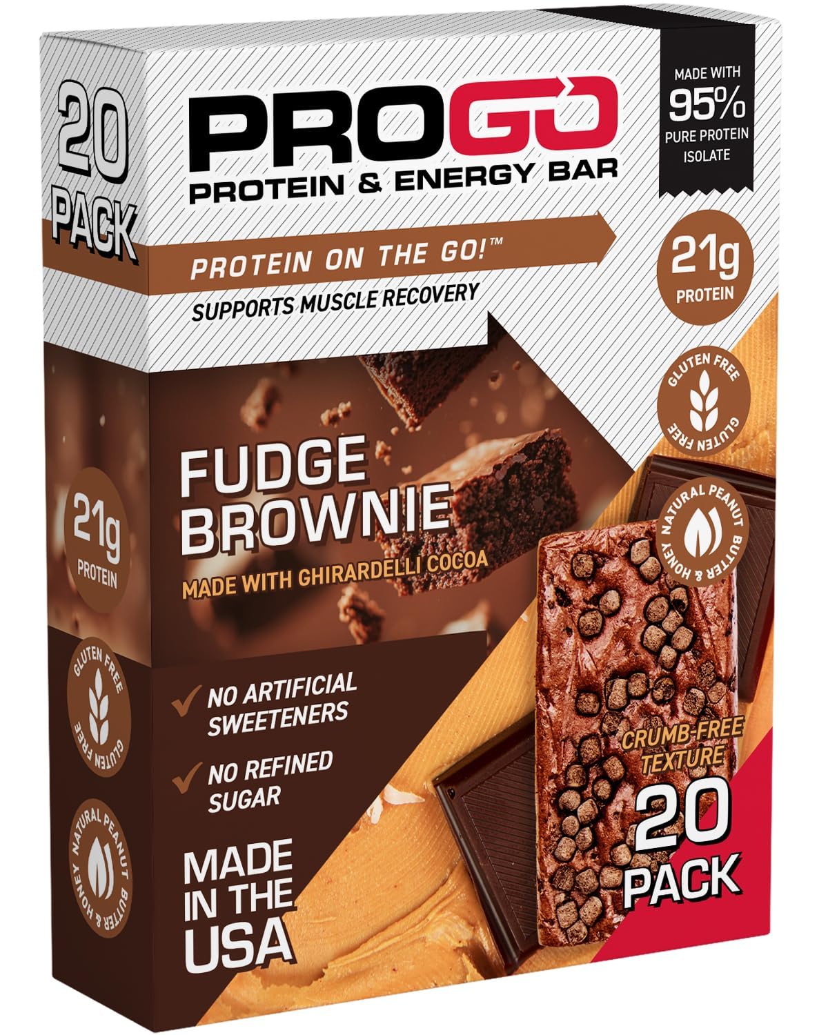 ProGo Protein Bars, Low Sugar, High Protein Snacks (21g) - 95% Pure Isolate for Faster Muscle Growth & Recovery, Low Calorie, Sweetened w/Peanut Butter & Honey (20-Count, Fudge Brownie)
