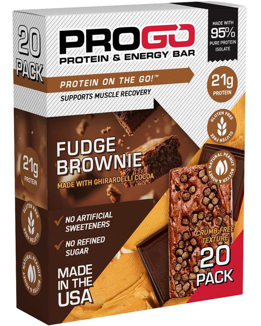 ProGo Protein Bars, Low Sugar, High Protein Snacks (21g) - 95% Pure Isolate for Faster Muscle Growth & Recovery, Low Calorie, Sweetened w/Peanut Butter & Honey (20-Count, Fudge Brownie)