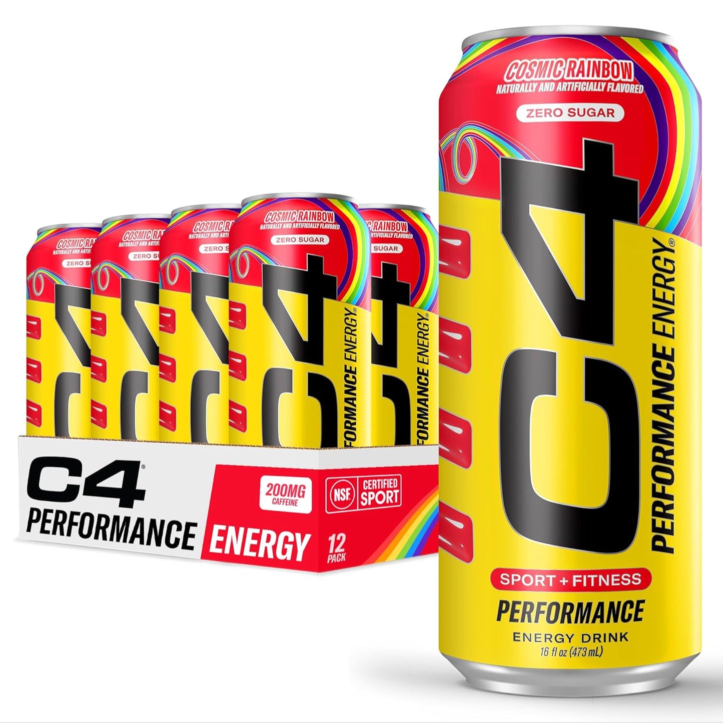 Cellucor C4 Performance Energy Drink | Cosmic Rainbow | Zero Sugar Carbonated Preworkout Energy | 200mg Caffeine with Beta Alanine | 16 Fl Oz (12 Pack), Packaging May Vary