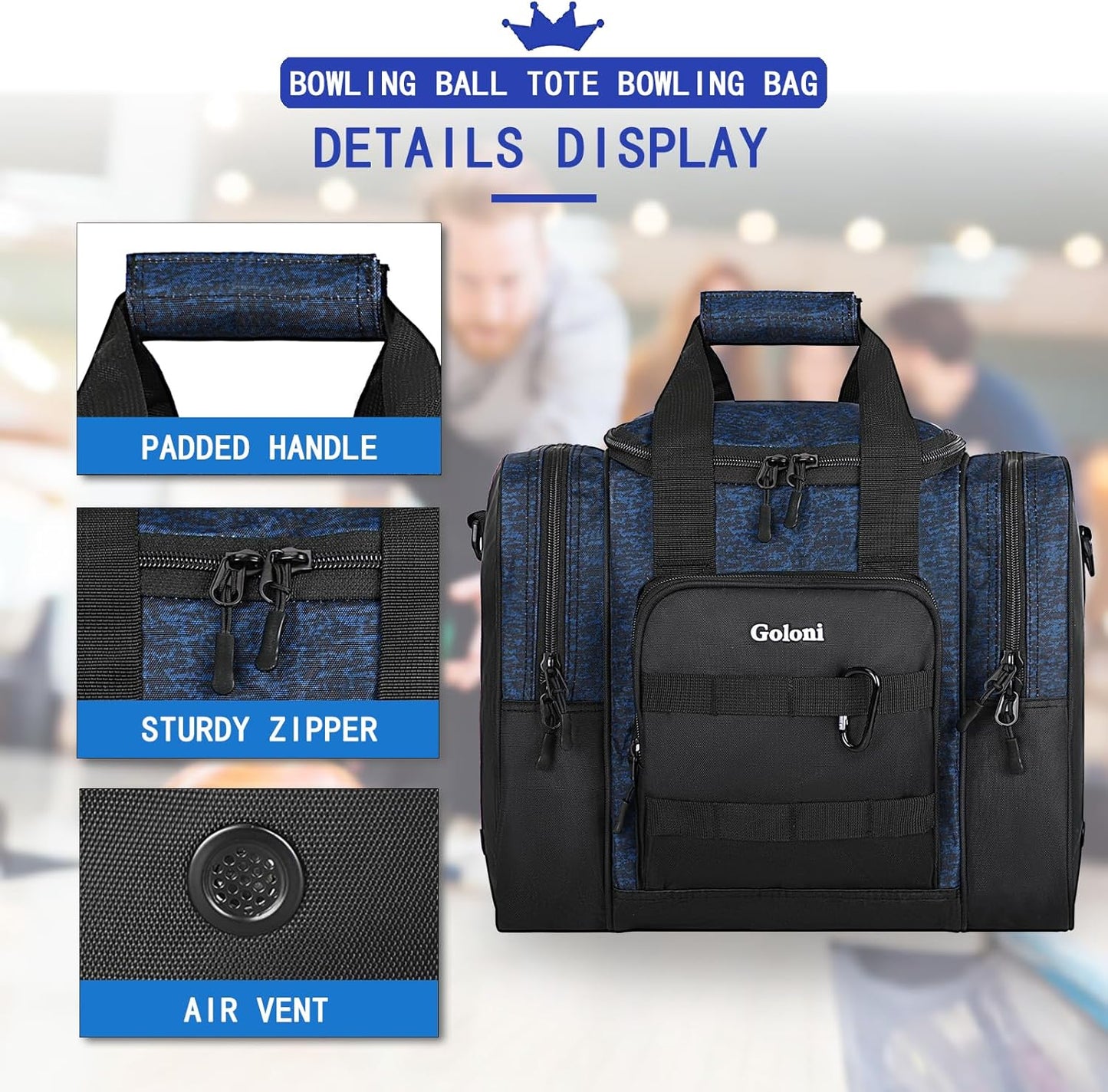 Goloni Bowling Ball Bag for Singer Ball with Padded Ball Holder, 2 Pockets fit Bowling Shoes Up to Mens Size 14 and Accessories