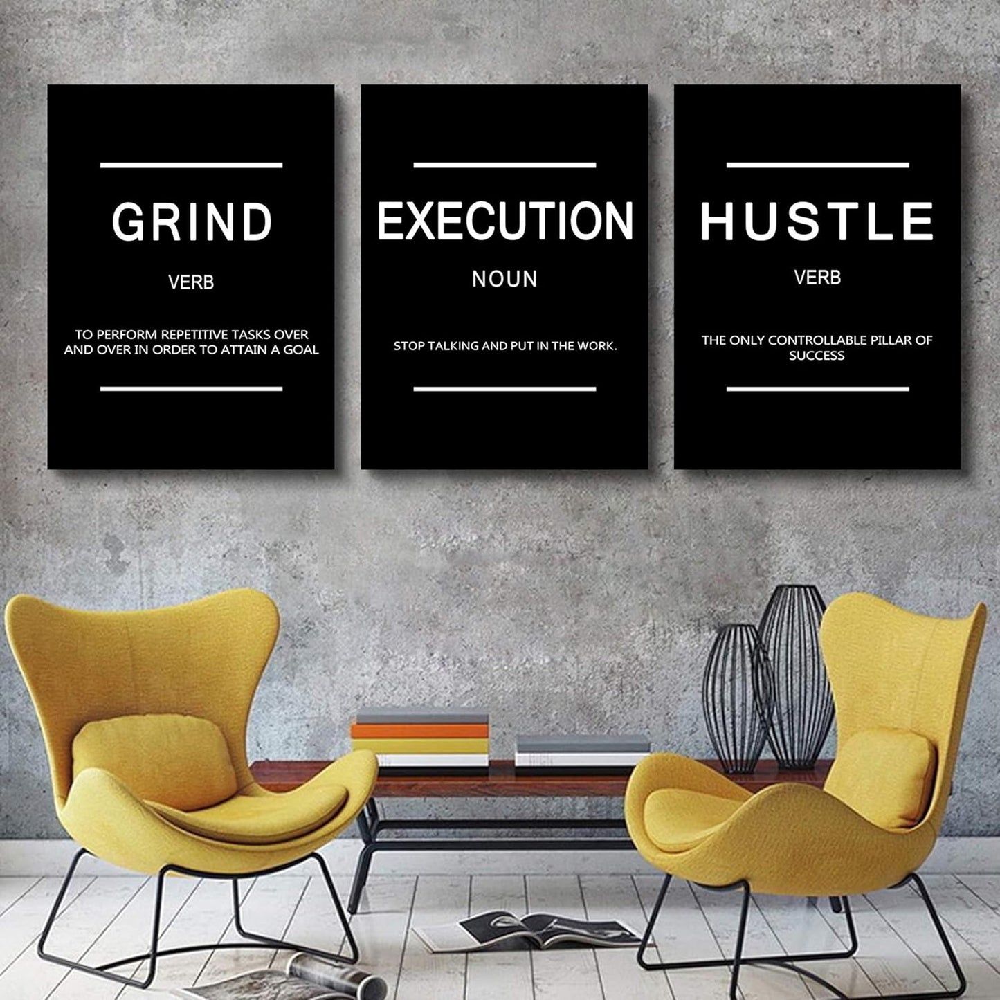 Framed Canvas Wall Art Success Quote, Office Wall Art, Black Large Poster, Positive Motivational Set of 3 Prints, Execute Failure Definition, Inspirational Print (B-3pcs,24x36inchx3pcs)
