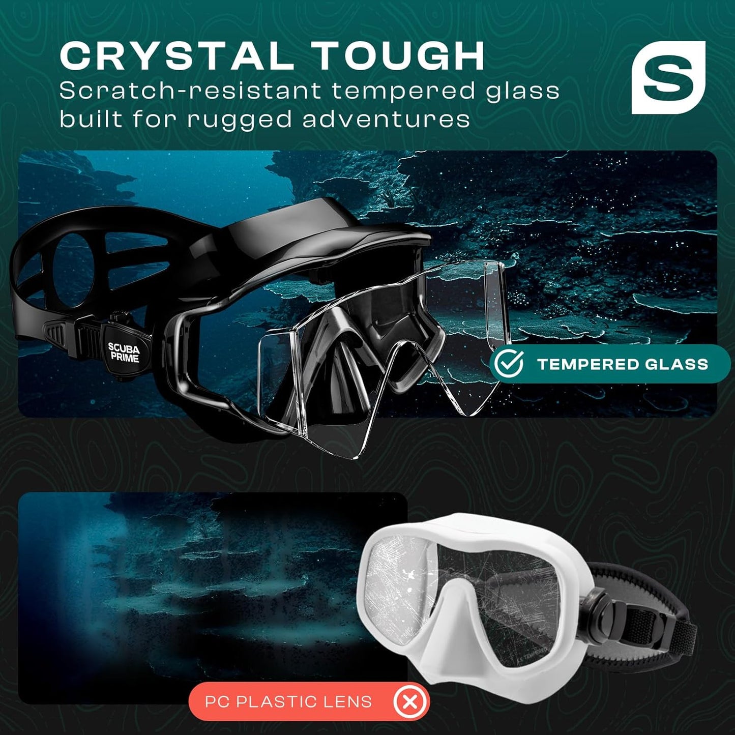 Pano 3 Scuba Diving Mask, Tempered Glass Snorkel Mask Three-Window Scuba Mask No-Leak Dive Mask Silicone Skirt Diving Mask for Snorkeling and Scuba Use