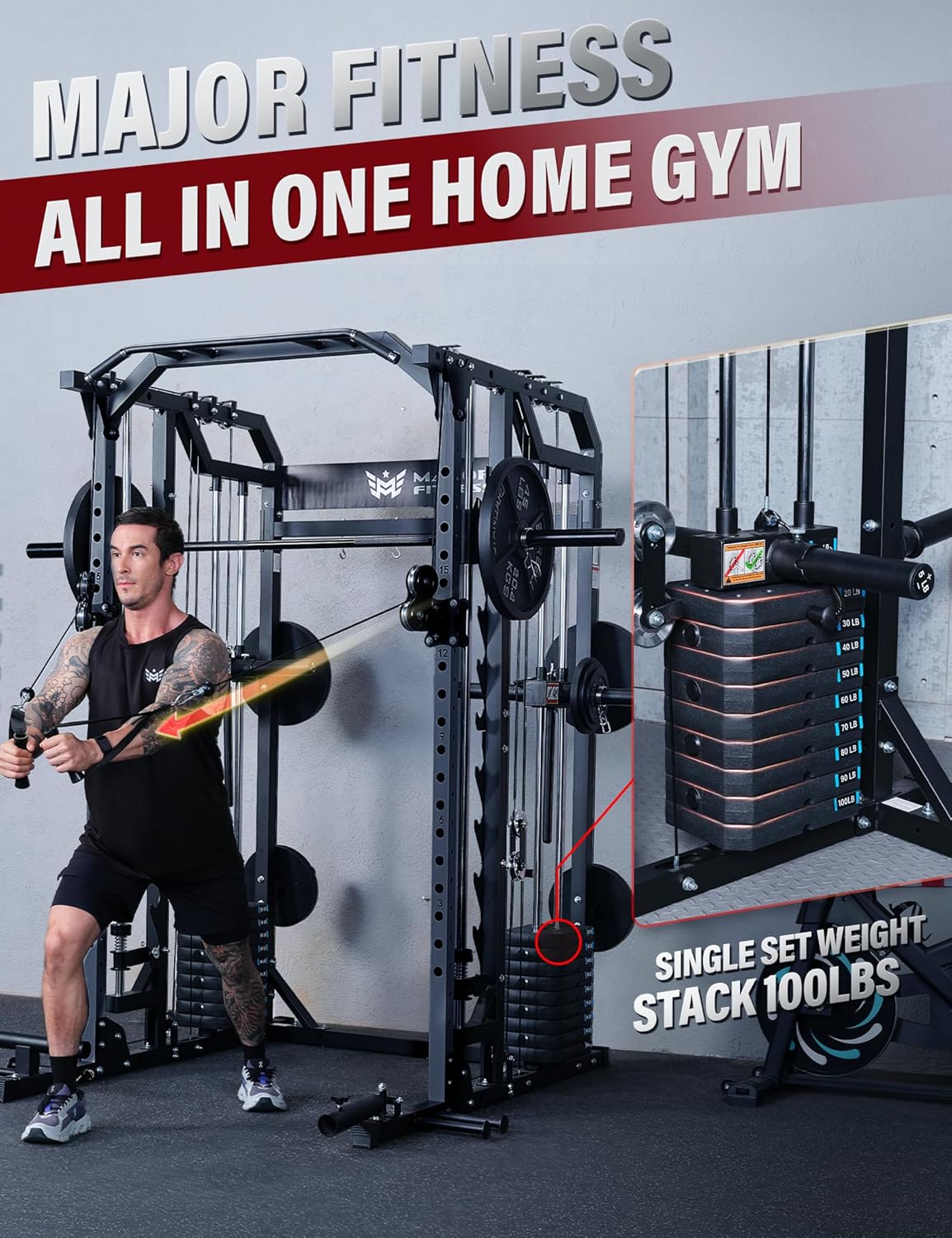 Major Fitness Drone2 Advanced Training Smith Machines– All-in-One Home Gym Squat Rack with Aluminum Pulley Set , Weight Bar, Dual LAT Pull-Down Systems & Cable Crossover Machine for Full-Body Workouts