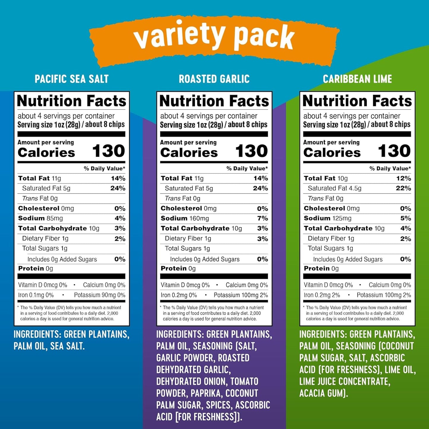 Solula Plantain Crisps Authentic Tostones, Variety Pack, 4 Ounce (Pack of 3), Pacific Sea Salt, Roasted Garlic and Caribbean Lime, Kettle Cooked Chips, Gluten Free, Paleo Friendly, Grain Free, Vegan