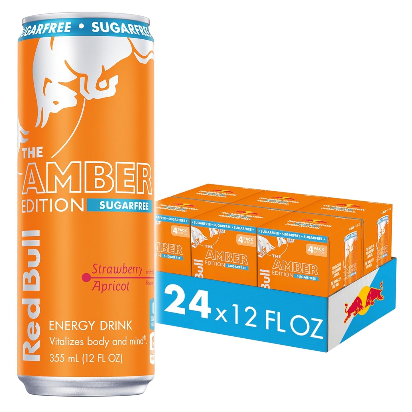 Red Bull Amber Edition Sugar Free Energy Drink, Strawberry Apricot, with 114mg Caffeine plus Taurine & B Vitamins, 12 Fl Oz, 6 Packs of 4 Cans (Pack of 24)