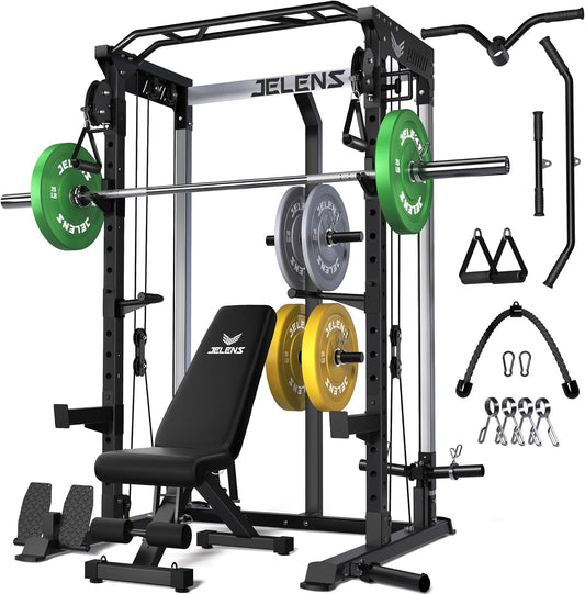 Power Cage, 2000LBS Multi-Function C21 Power Rack with Dual Pulley Cable Crossover System, All-in-One Squat Rack with More Training Attachments