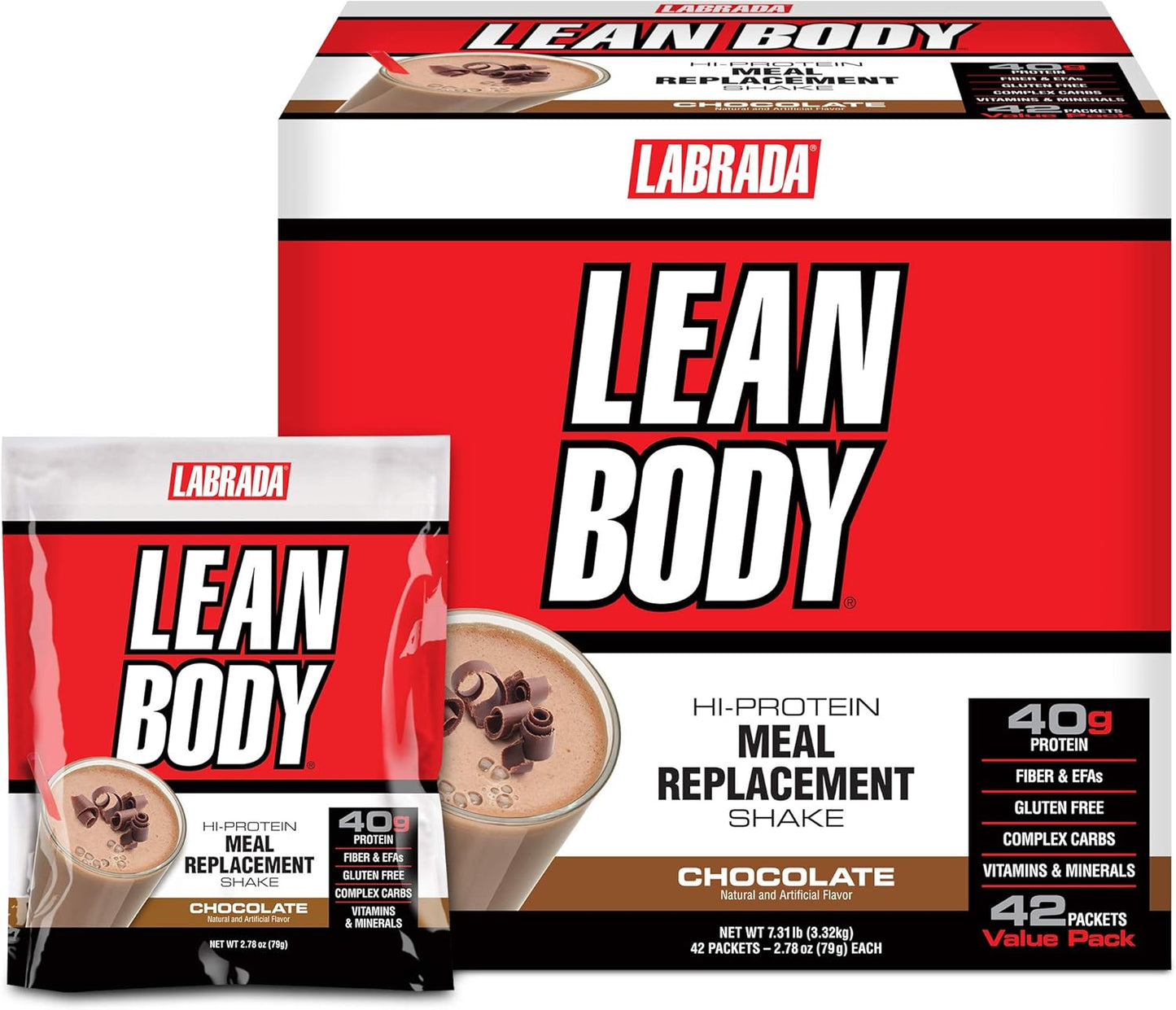 Lean Body MRP All-In-One Chocolate Meal Replacement Shake, 40g Protein, Whey Blend, 8g Healthy Fats EFA's & Fiber, 22 Vitamins and Minerals , No artificial color, Gluten Free, (42 Packets)