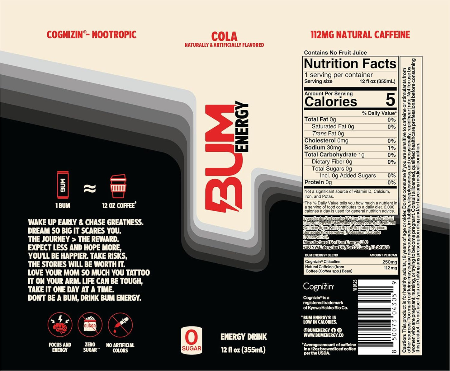 BUM Sugar-Free Energy Drink, Variety Pack - Lightly Carbonated & No Artificial Colors, Natural Caffeine & Citicoline for Energy & Focus, Brain Boost & Workout Sports Beverage - 12 oz, Pack of 12