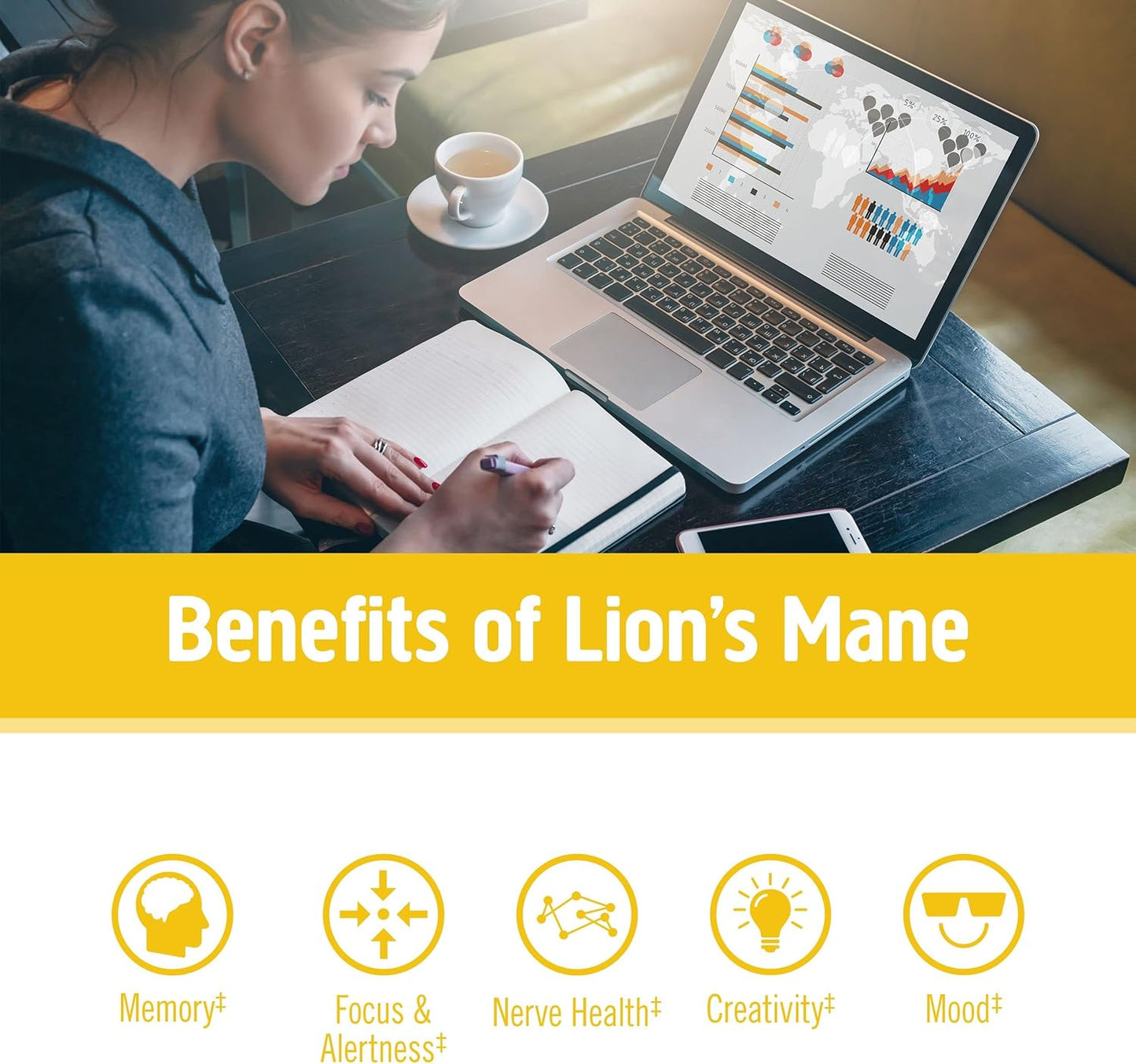 OM MUSHROOM SUPERFOOD Lion's Mane Mushroom Capsules Superfood Supplement, 180 Count, 60 Days, Fruit Body and Mycelium Nootropic for Memory Support, Focus, Clarity, Nerve Health, Creativity and Mood