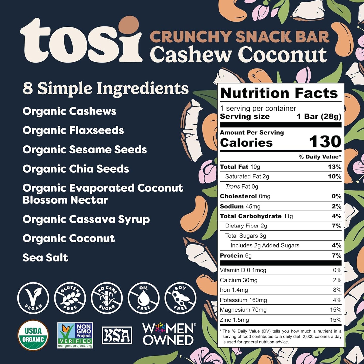 Tosi Cashew Coconut Protein Bars - Crunchy Nut & Seed Vegan Snack Bars, Gluten Free, 6g Plant Based Protein, Organic Flax, Chia, Sesame Seeds, Omega 3s, Low in Sugar, Dairy Free, No Soy - 1 oz 12-Pack