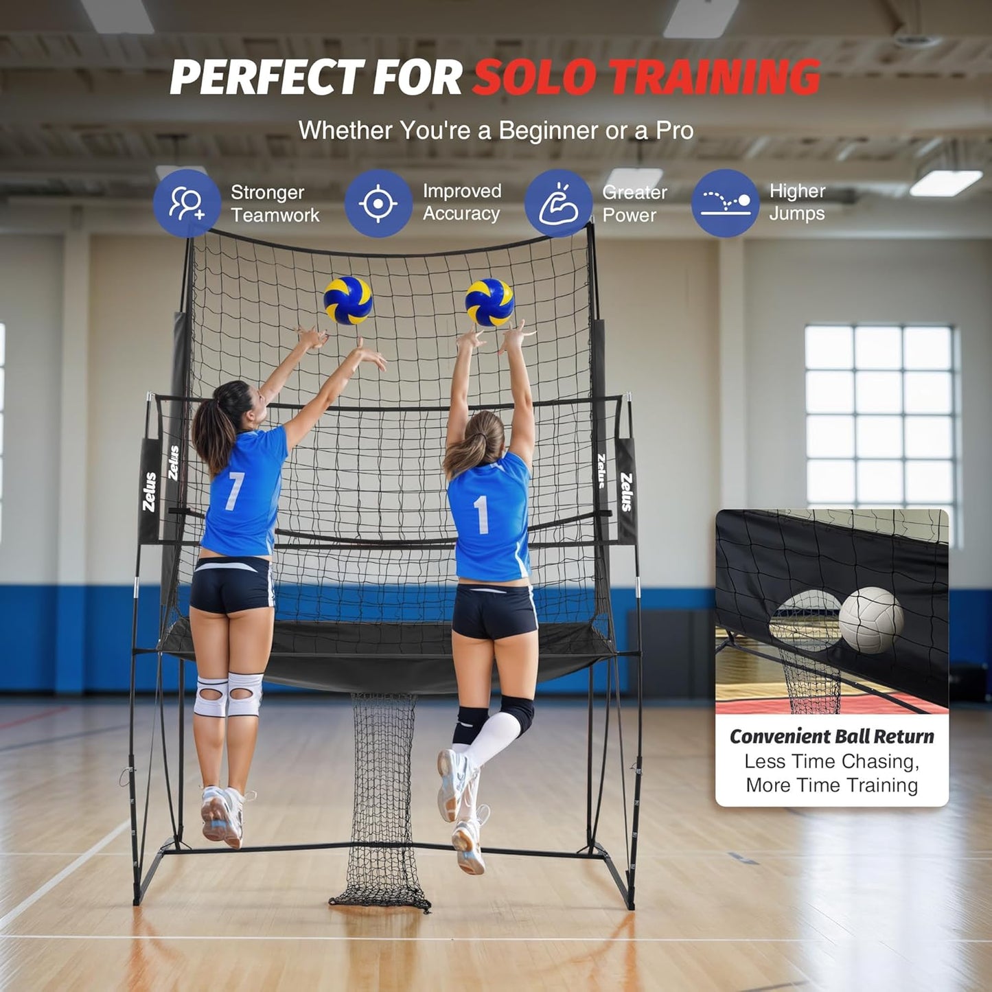 ZELUS Volleyball Training Equipment, 11x8 ft Volleyball Practice Net Station with Adjustable Height & Ball Return