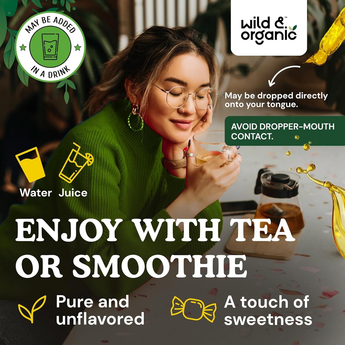 Wild & Organic Green Tea Extract Liquid Drops - Antioxidant-Rich Green Tea Supplement - 2-Month Supply - Vegan, Sugar & Alcohol-Free Camellia Sinensis Tincture - 4 fl oz