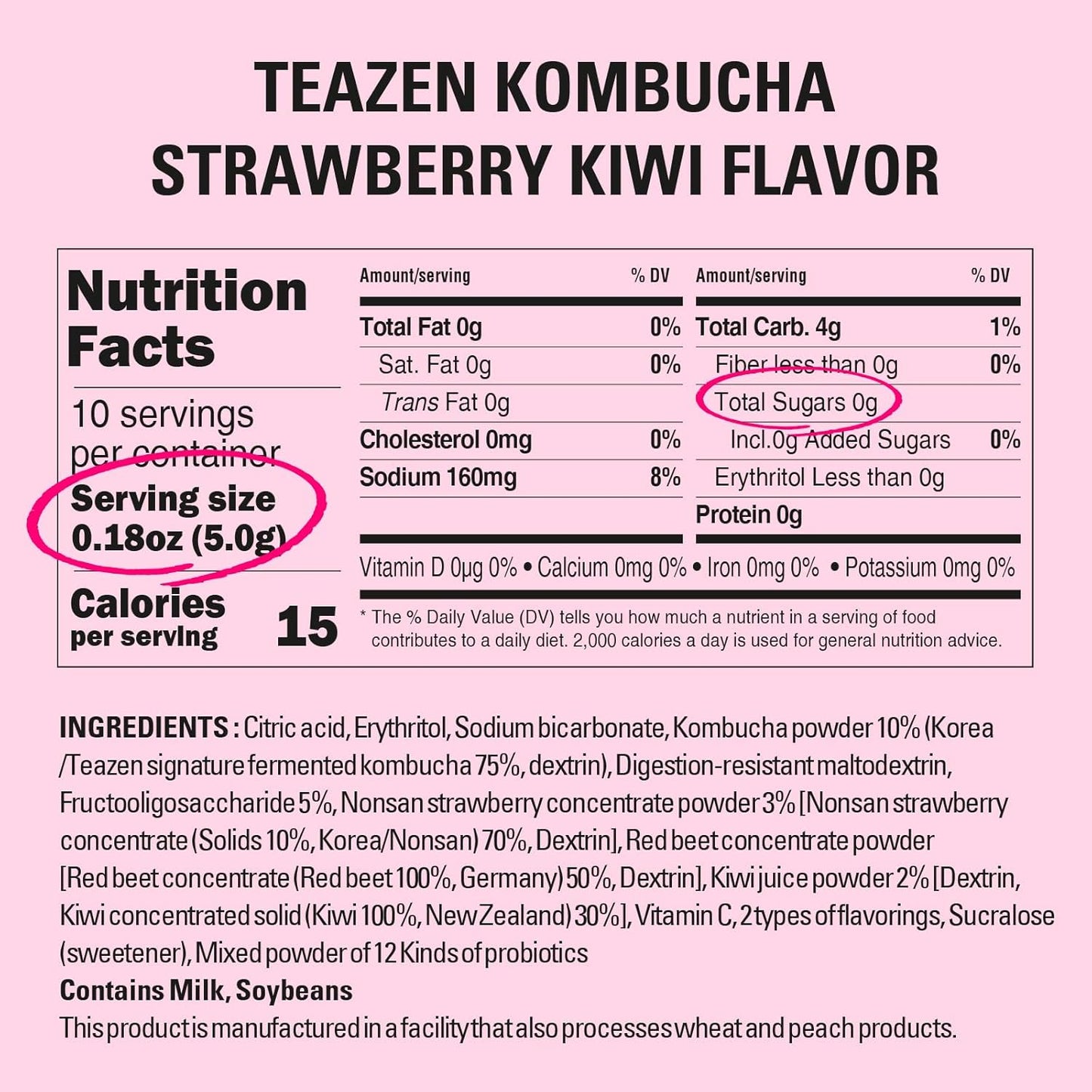 TEAZEN Strawberry Kiwi Kombucha Tea, Hydration Drink Mix, Sugar Free, Live Probiotics & Prebiotics, 10 Sticks, 1.76oz