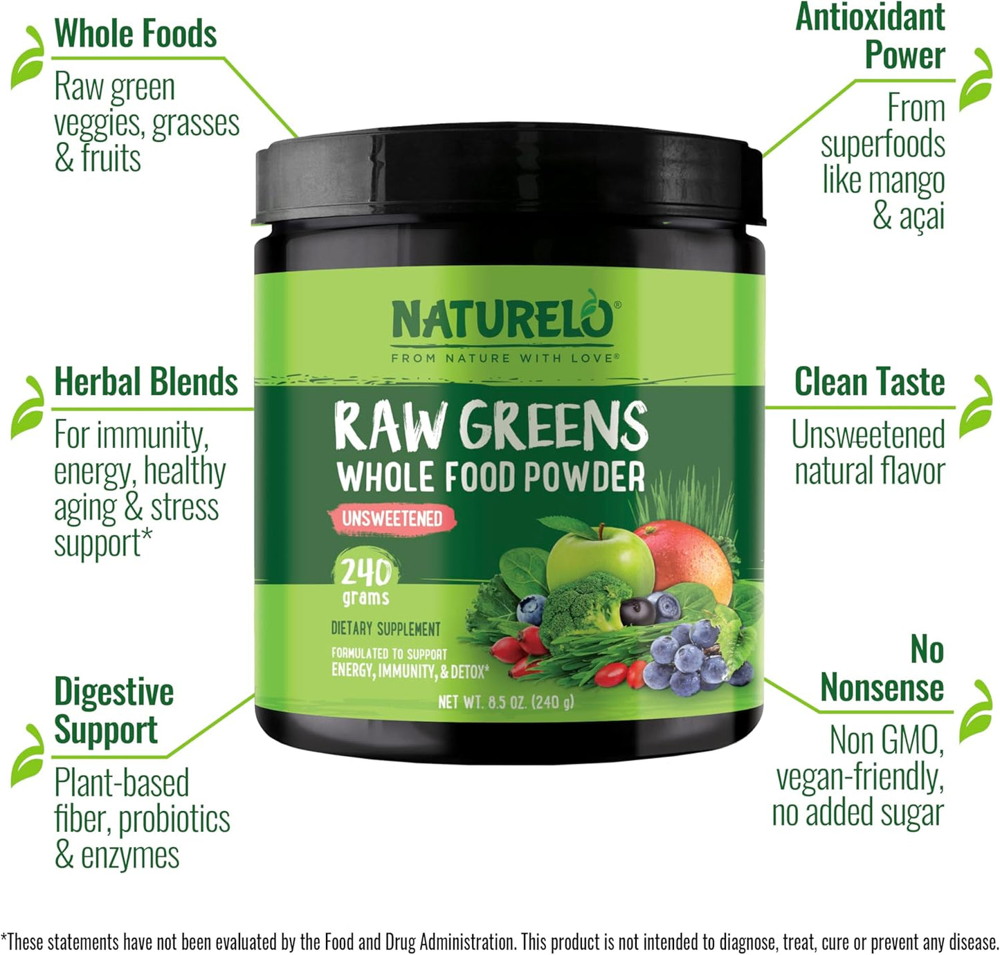 NATURELO Raw Greens Superfood Powder - Unsweetened - Boost Energy, Detox, Enhance Health - Organic Spirulina - Wheat Grass - Whole Food Nutrition from Fruits & Vegetables - 240 Grams