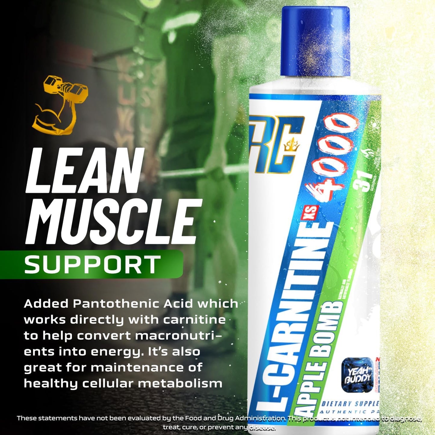 Ronnie Coleman Signature Series L Carnitine XS 4000 Liquid, Stimulant Free, Sugar Free, Zero Carbs, Lean Muscle Strength Support for Men & Women, 16 Oz (16 oz, Apple Bomb (4000))