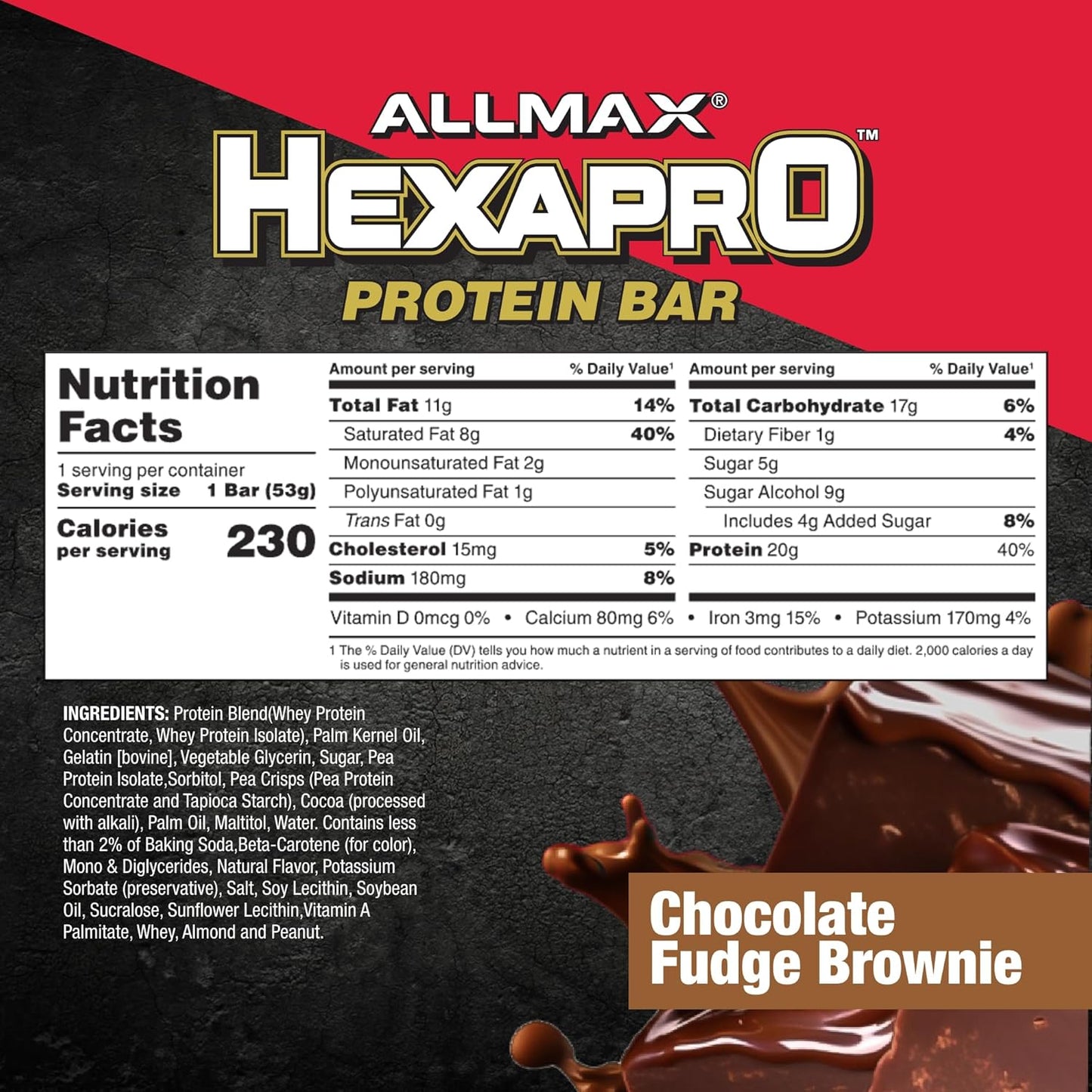 ALLMAX HEXAPRO PROTEIN BAR, Chocolate Fudge Brownie - Pack of 12 - High-Protein Energy Snack - 20 g of Protein Per Bar - With Whey Protein Isolate