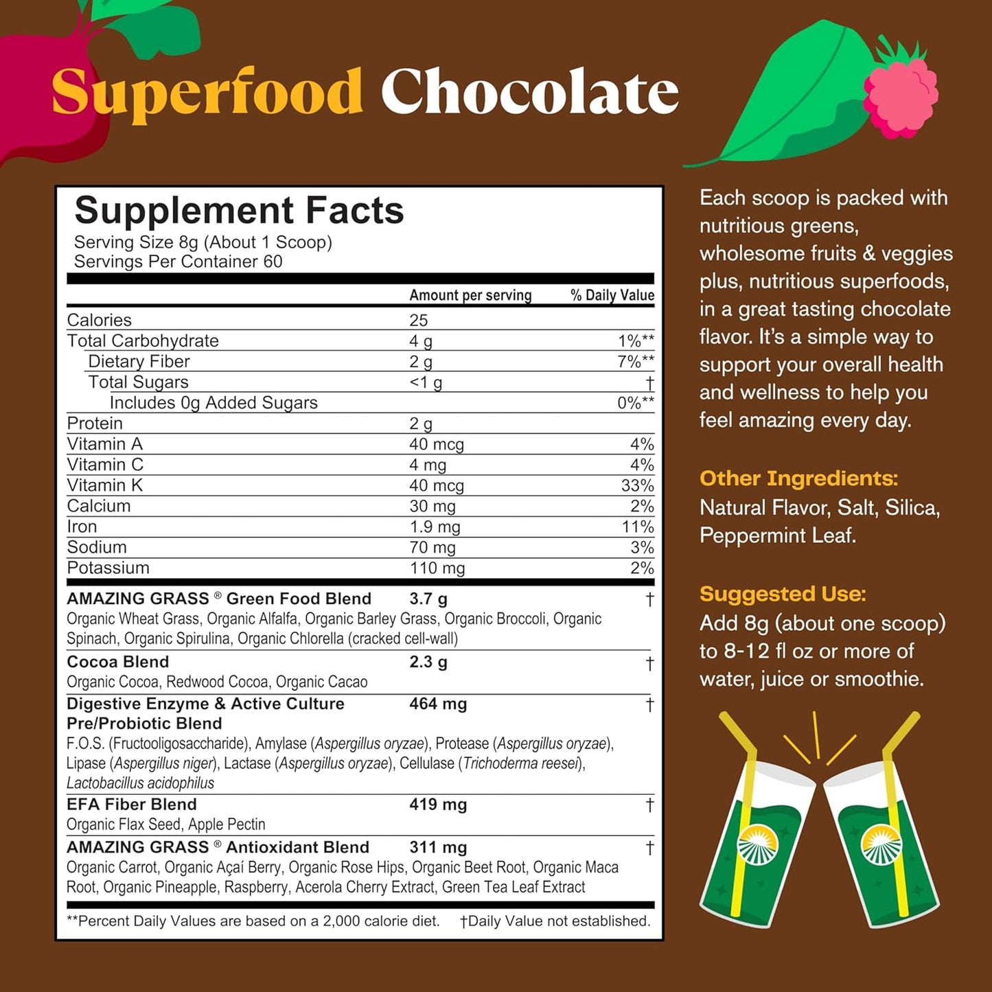 Amazing Grass Greens Superfood Powder: Greens Powder with Digestive Enzymes & Probiotics, Organic Spirulina, Chlorella, and Beet Root Powder, Chocolate, 60 Servings