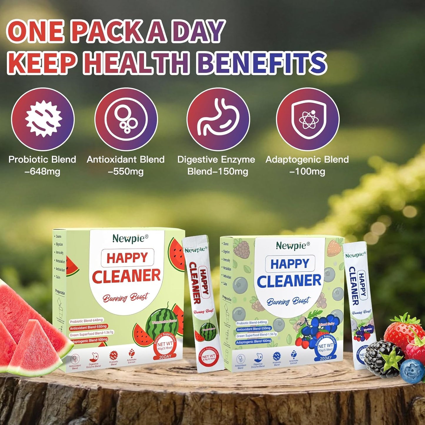 Newpie Superfoods Happy Cleaner Probiotic Powder,Watermelon&Mixed Berry Flavor Organic Prebiotic & Probiotic Fiber Powder,Sugar Free,Gut Health For Women Men (20+20 Packet, Watermelon&Mixed Berry)