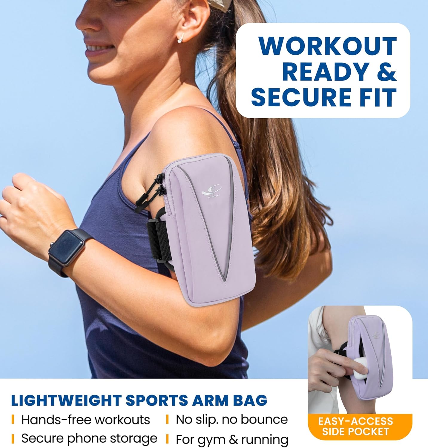 HiRui Cell Phone Holder Arm Bag & Wrist Bag for Phone, Sports Running Armband for Gym & Cycling, Compatible with iPhone 16/16Pro/Plus/15/14 Samsung Galaxy All Phones, Reflective & Adjustable (Purple)