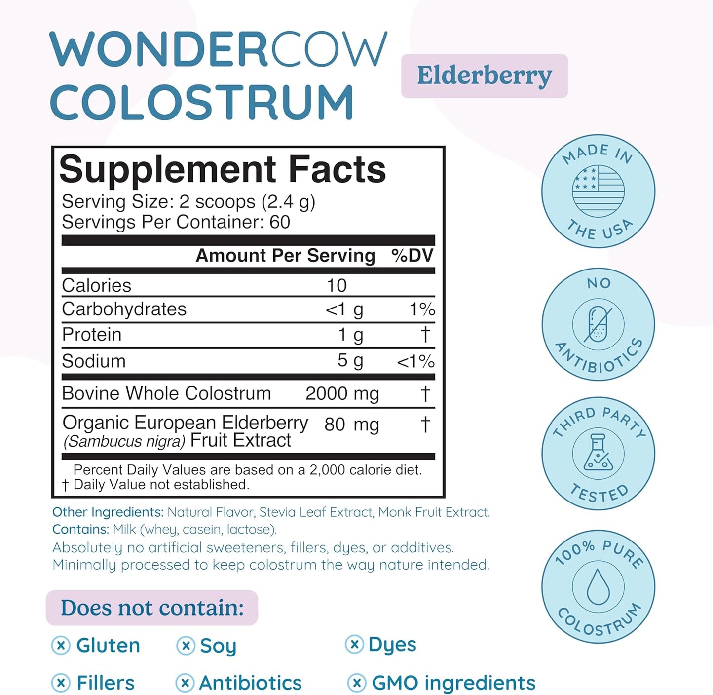 Colostrum Supplement Powder for Gut Health, Immune Support, Muscle Recovery & Wellness | Natural IgG Pure Whole Bovine Colostrum Superfood, Elderberry, 60 Servings