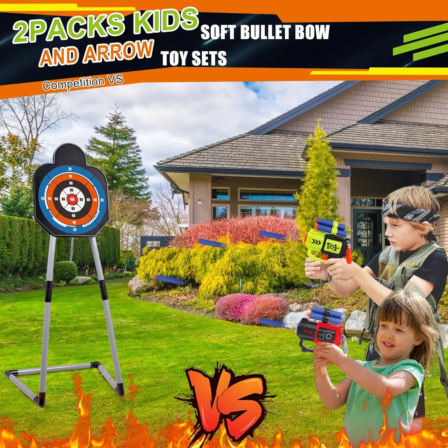 2 Pack Bow and Arrow for Kids Sports and Outdoor Play Toys Archery Set with LED Light Up 16 Arrows 1 Standing Target 2 Quiver Indoor Outdoors Toy for Age 4-12 Year Old Boy Girl Gift