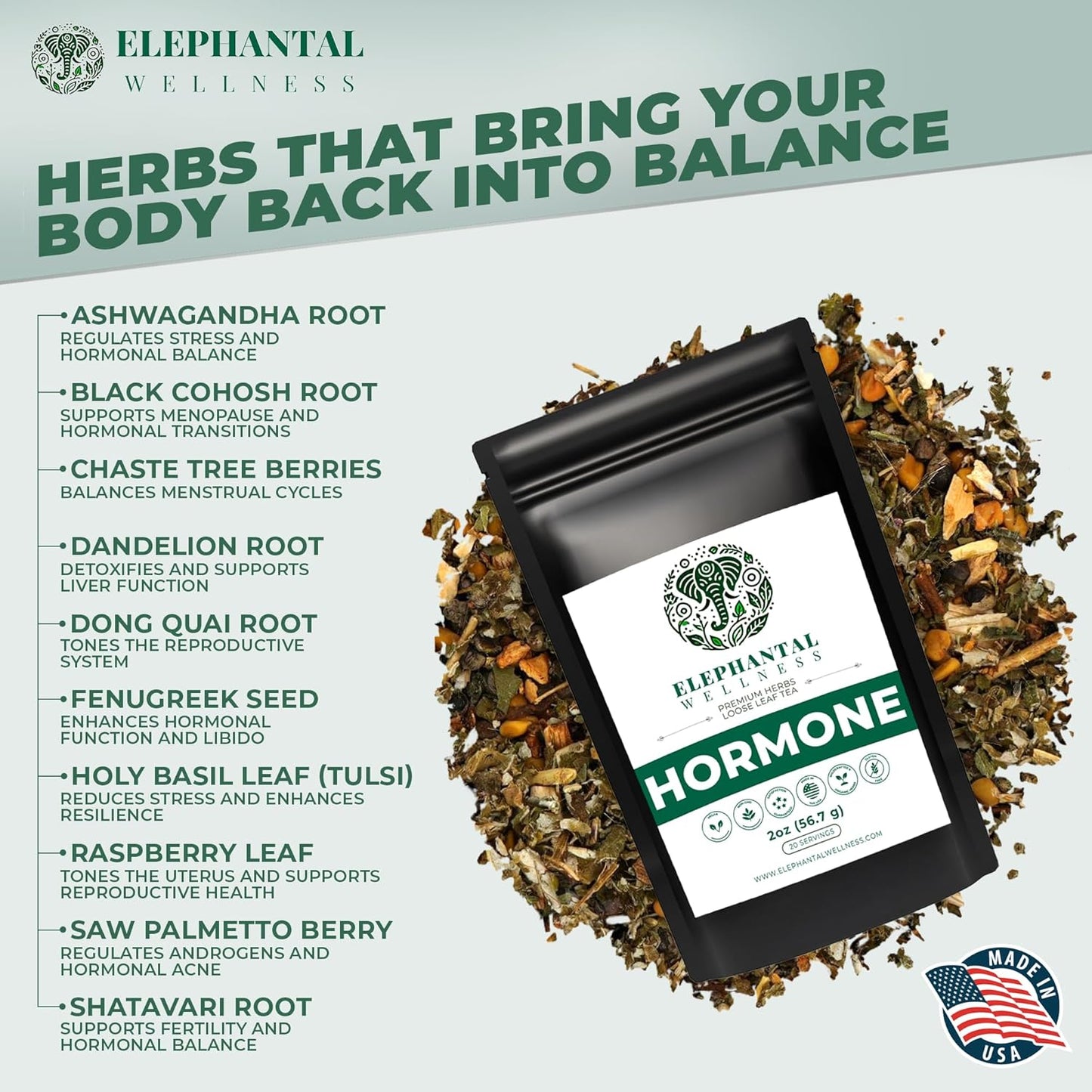 Elephantal Wellness Premium Hormone Herbal Tea | PCOS, Hormonal Balance & Mood Support with Chaste Berry, Shatavari, Dong Quai & Black Cohosh | Handmade, Non-GMO, Caffeine-Free Loose Leaf Blend | 2oz Loose Leaf, 20 Servings