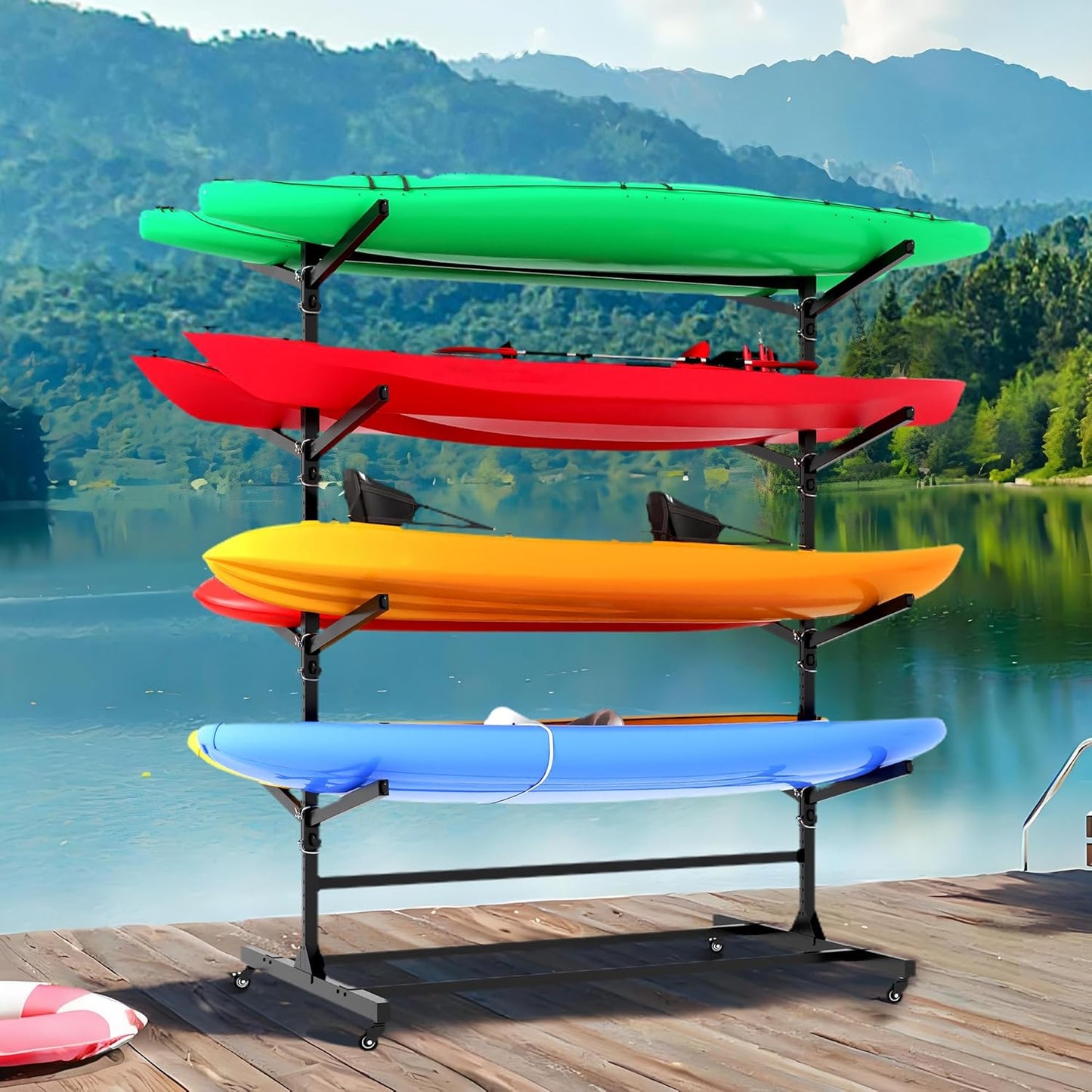 Kayak Storage Rack, Heavy Duty Kayak Stand Canoe Rack with Wheels, Freestanding Kayak Holder Stand for Kayaks, Canoes, Surfboard, Paddleboard Storage