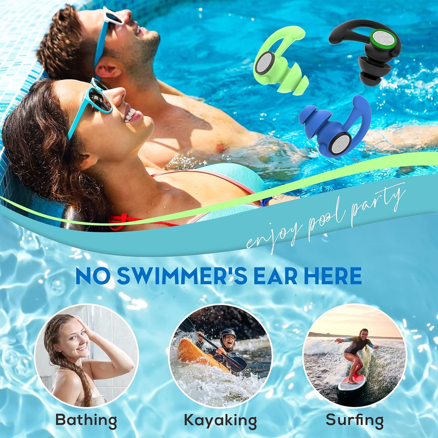 Hearprotek 2 Pairs Ear Plugs for Swimming Adults, Reusable Custom-fit Swim Water earplugs Men Women for Swimmers Shower Pool Bath Surfing Kayaking Canoeing(Black)