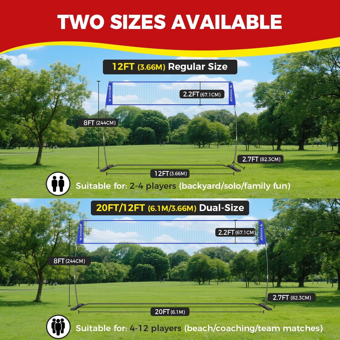 BAGAIL Volleyball Net, 12ft/20ft Portable Volleyball Net for Backyard - Adjustable Height, Heavy-Duty Frame, Freestanding Design - Portable Outdoor/Indoor Volleyball Set with Carry Bag