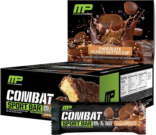 MusclePharm Combat Sport Bar, Chocolate Peanut Butter Cup, High Protein Bars, Combat Cravings, Fuel Performance & Meet Energy Demands, 20g Protein from Whey Protein, 5g Fiber, Gluten Free, 12 Bars