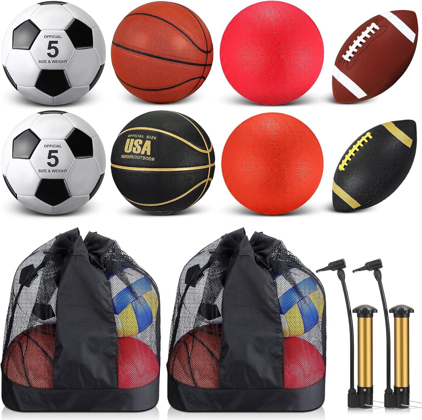 Deekin 8 Pcs Sports Balls Set for Kids Adult Assorted Football Basketball Soccer Playground Balls Official Size with Bags Pumps Outdoor Sports Equipment Athletic Gift Back to School