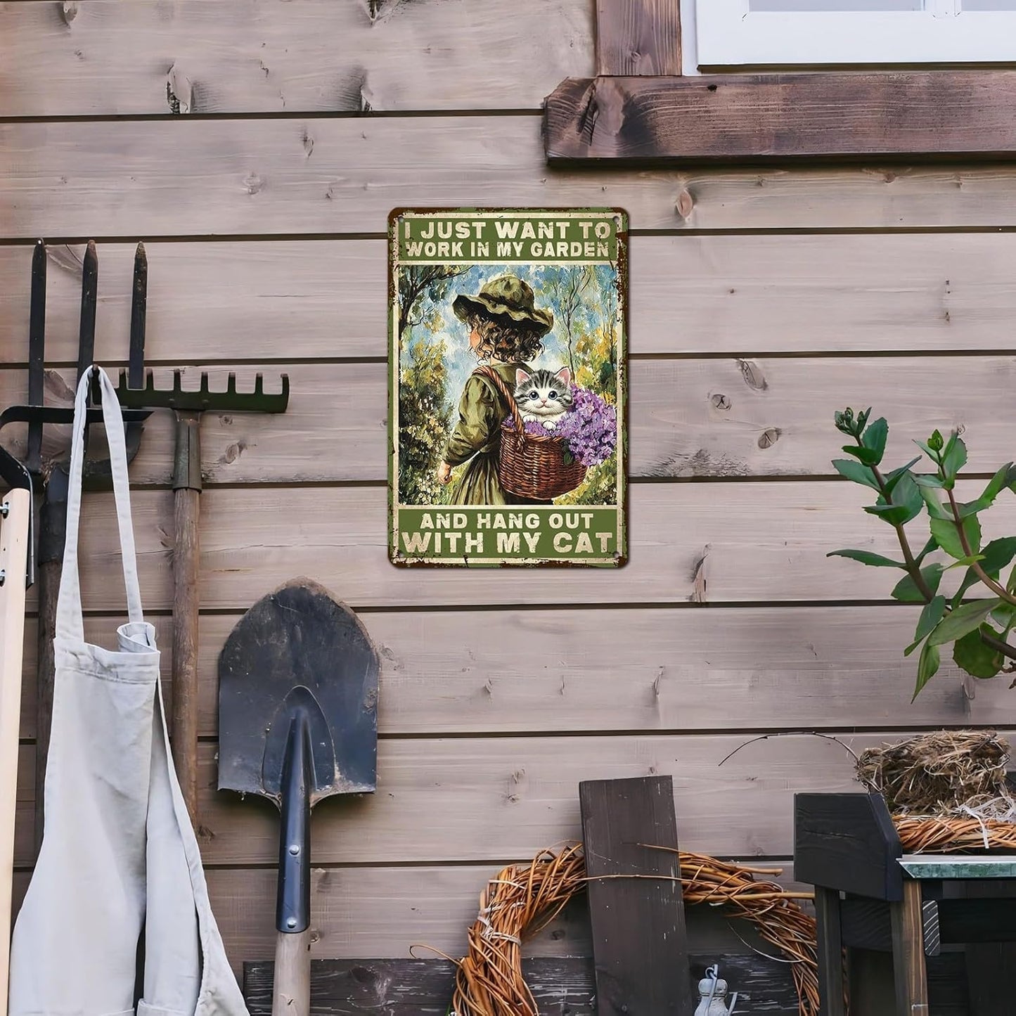 Garden Sign I Just Want To Work In My Garden and Hang Out With My Cat Vintage Metal Tin Sign Retro for Home Patio Backyard 12 * 8inch