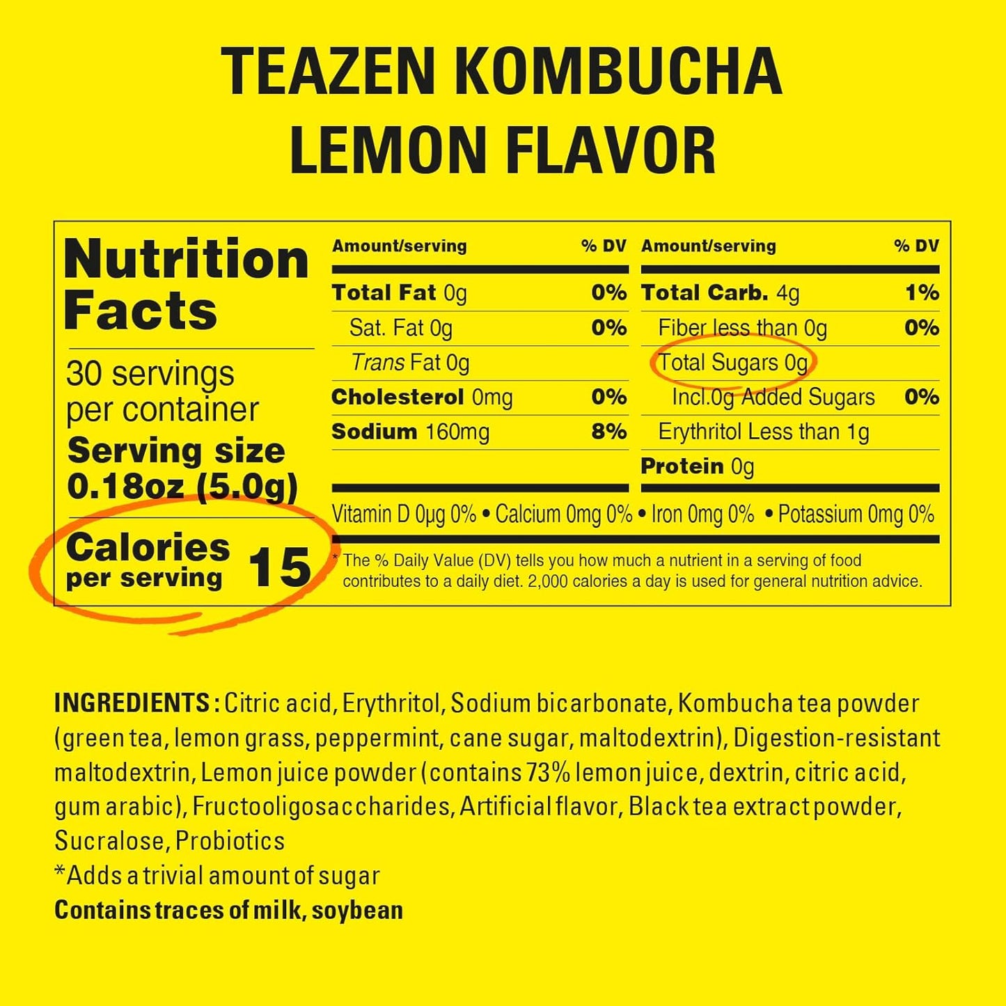TEAZEN Lemon Kombucha Tea, Hydration Drink Mix, Sugar Free, Live Probiotics & Prebiotics, 30 Sticks, 5.29oz