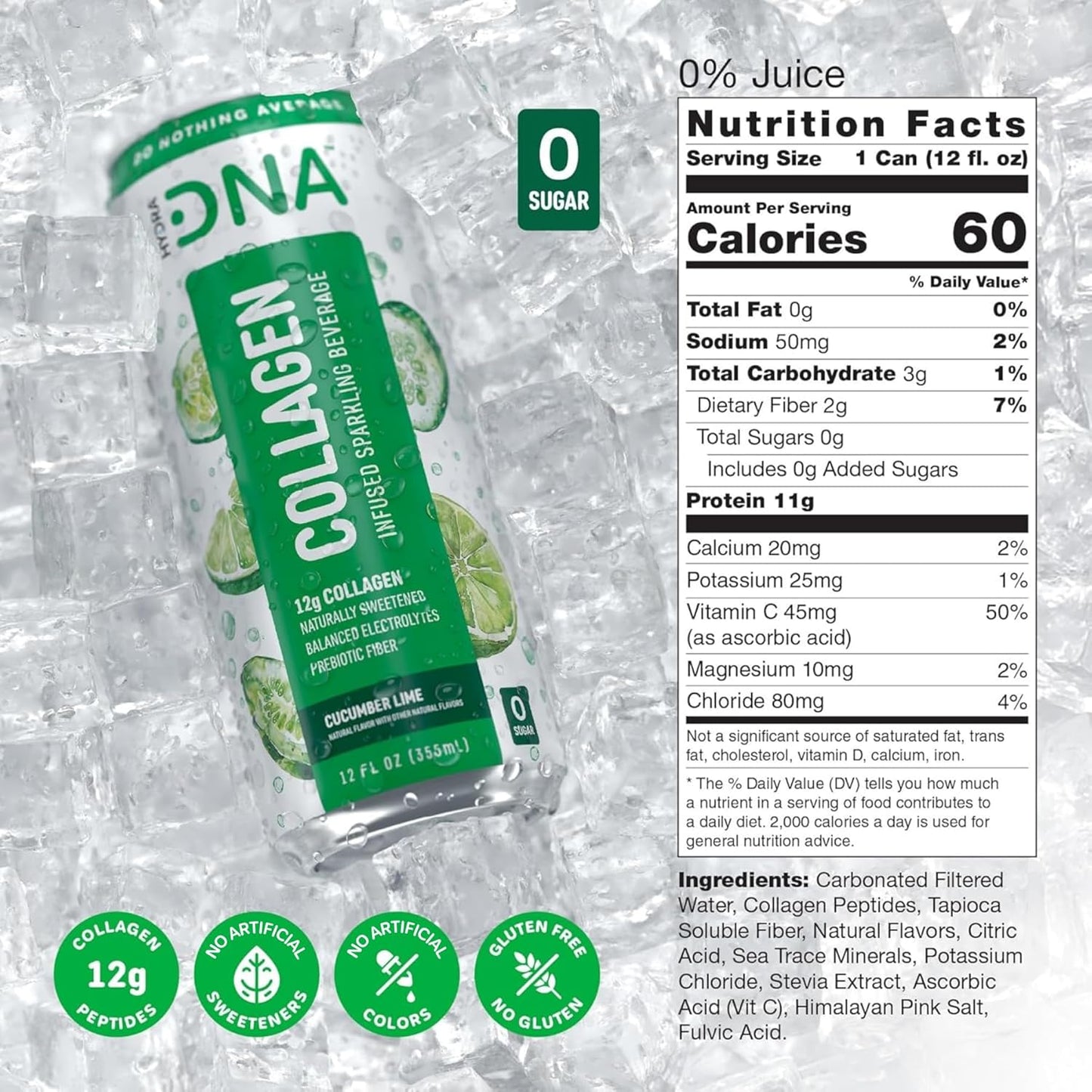 HYDRADNA- Sparkling Liquid Collagen Protein Water Drink Balanced Nutrients for Wellness - Sugar-Free - Keto-Friendly - No Gluten (12 Pack) Cucumber Lime